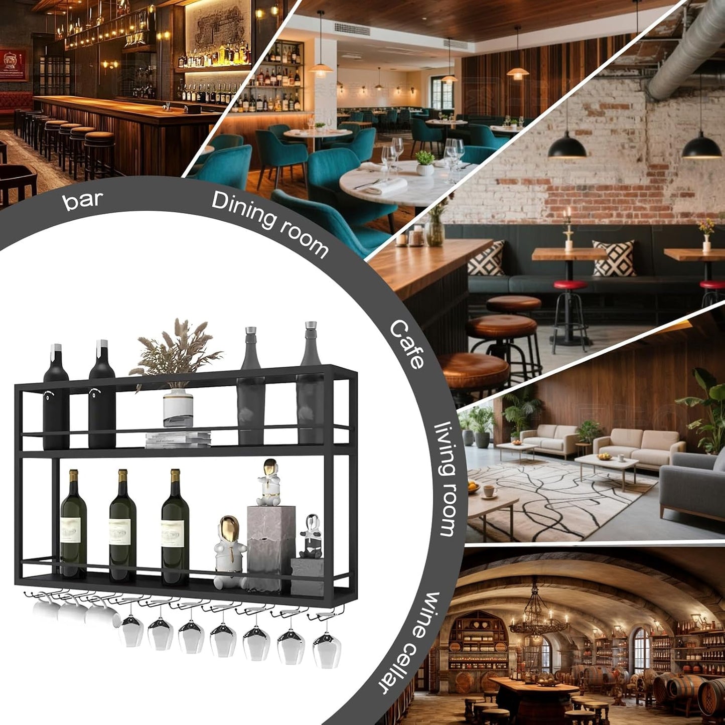 Industrial Wall Mounted Wine Rack, 2-Tier Wood Wine Bottle Shelf with Stemware Rack, Black Wine Glass Rack Multi Functional Wine Storage Display Rack for Home Bar Dining Room Kitchen (31.4×7.8×26in)