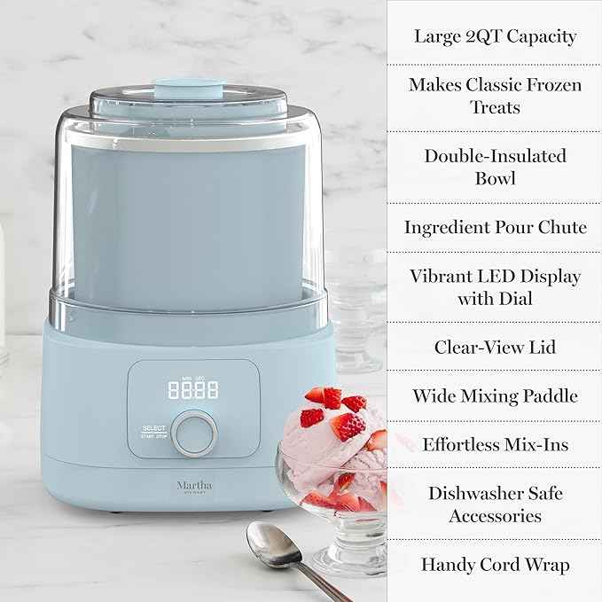 Martha Stewart Ice Cream Maker, 2 Quart Double-Insulated Freezer Bowl, Sorbet & Frozen Yogurt, Ready in 20 Minutes, Mix-Ins Chute, Easy to Clean, Sky Blue