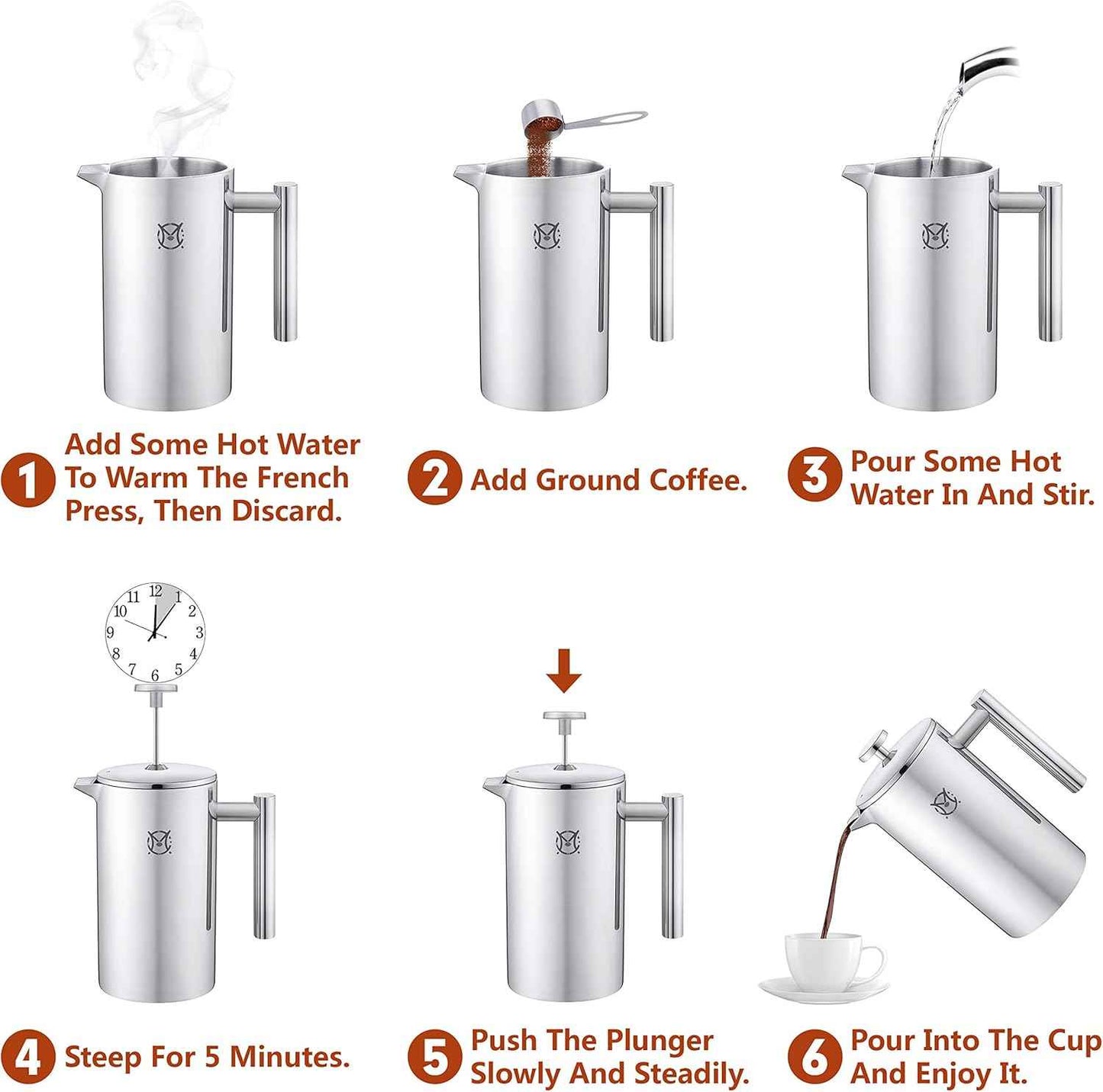 French Press Coffee Maker – Single Serve 1 Cup Small Stainless Steel Thermal Double Walled French Press 350ML/12OZ