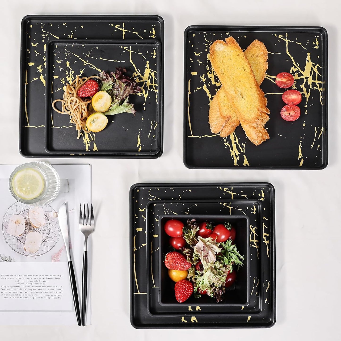 Melamine Dinnerware Sets - 12pcs Square Plates and Bowls Sets For 4, Indoor Outdoor Use, Dishwasher Safe, Black & Gold