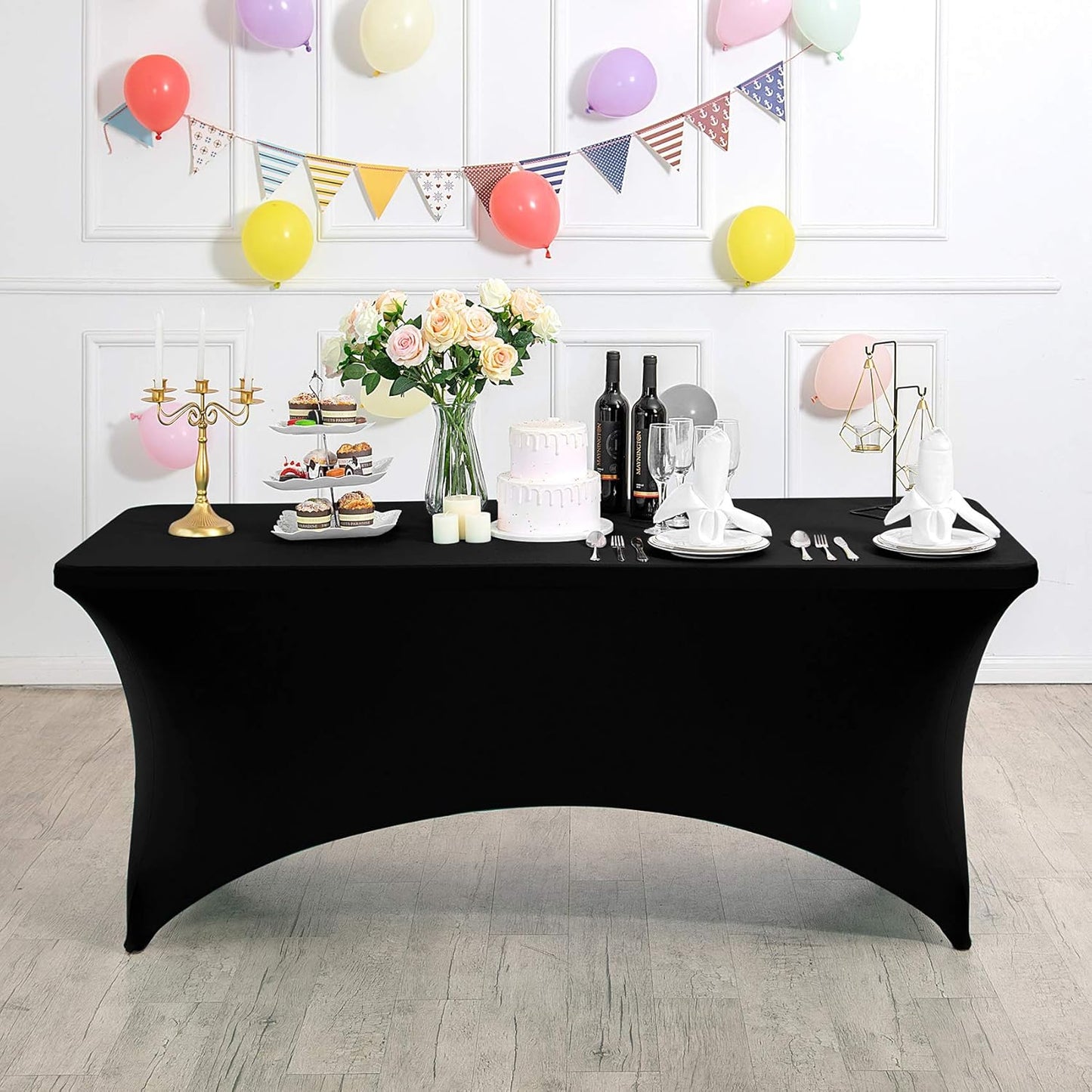 2Pack Spandex Table Cover for 4FT or 6ft or 9ft Table Universal Fitted Stretch Tablecloth for Party, Banquet, Wedding and Events-Black