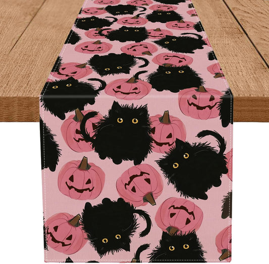 Halloween Table Runner Black Cat Pink Pumpkins Seasonal Kitchen Dining Table Home Outdoor Party Decorations 13x90 Inch