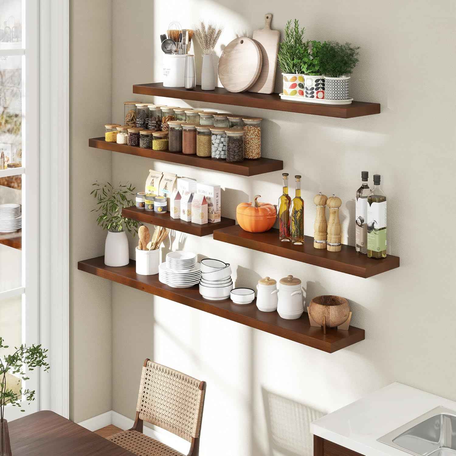 Axeman 55 Inch Floating Shelves for Wall, 9.3" Deep High End Solid Real Wood Wall Shelves with Heavy Duty Invisible Bracket for Living Room, Bedroom, Kitchen, Bathroom, Set of 1, Walnut Finish