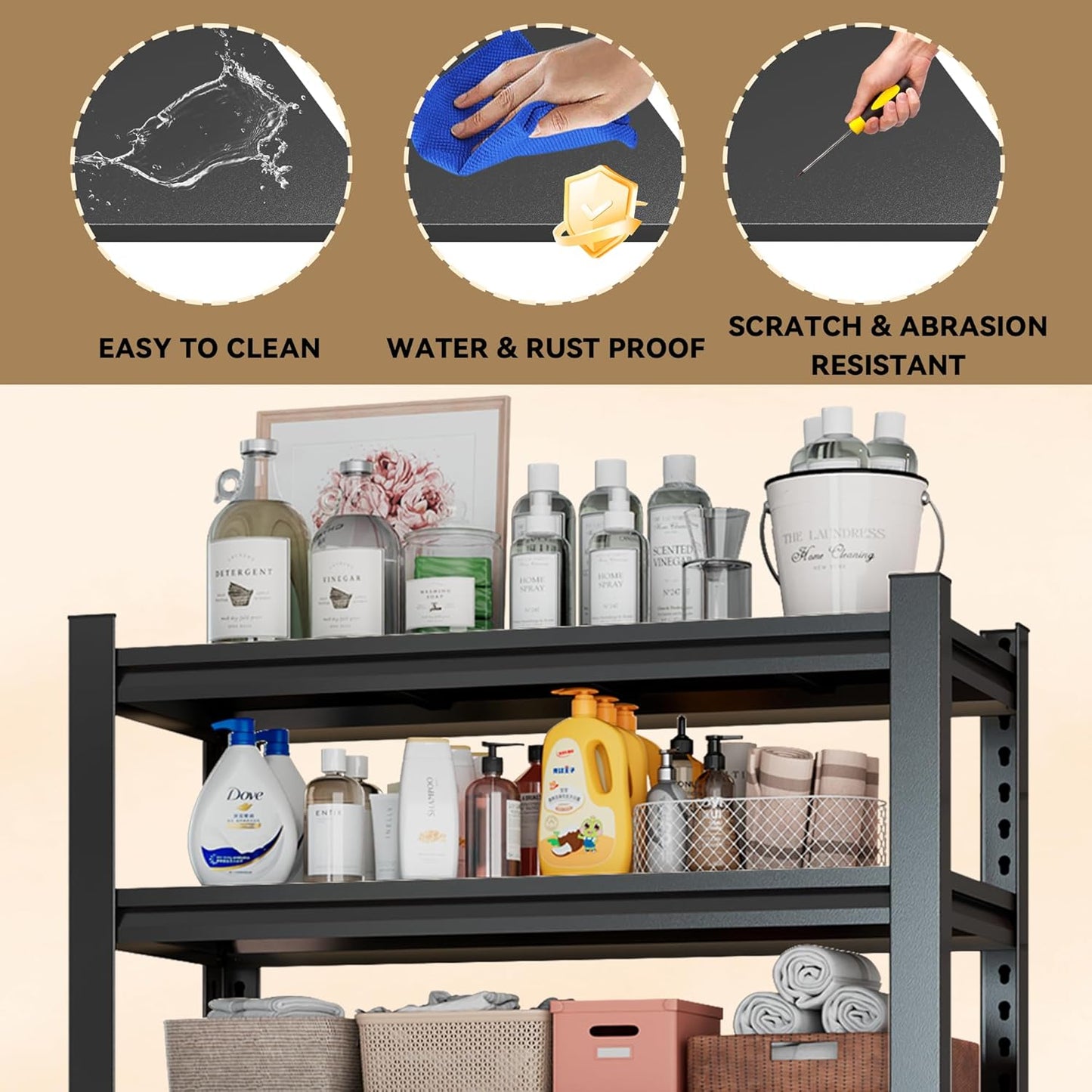 Laundry Room Storage Organizer, Over The Washer and Dryer Storage Shelves for Laundry Organization, 35" W x 14" D x 63" H, Suit Washing Machine Width Within 32.6", Hold 500 lb, Black