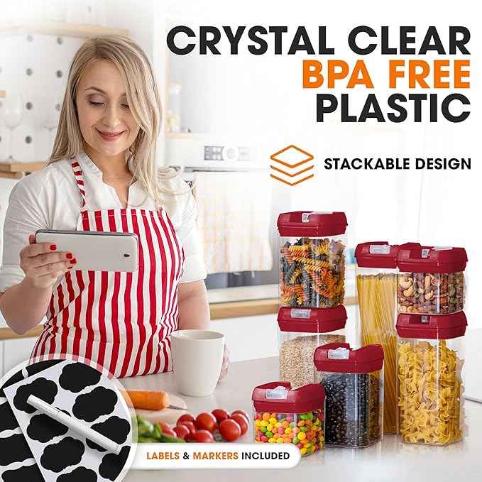 Cheer Collection Airtight Food Storage Containers – Set of 7 Stackable Pantry Organizers with Secure Lids, Kitchen Containers for Dry Goods, Flour, Sugar & More, Red