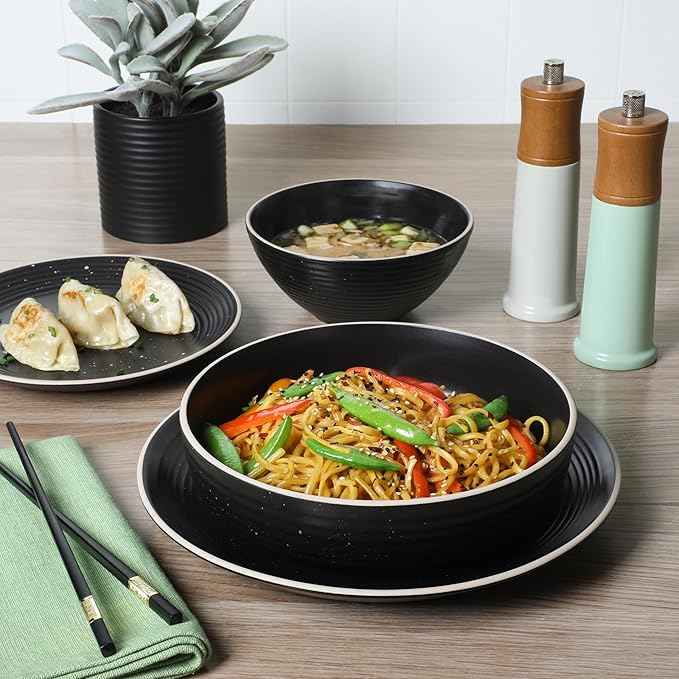 Gibson Home Dinah 16-Piece Matte Black Stoneware Dinnerware Set – Double Bowl, Embossed Speckled Design, Durable Kitchen Dinner Set