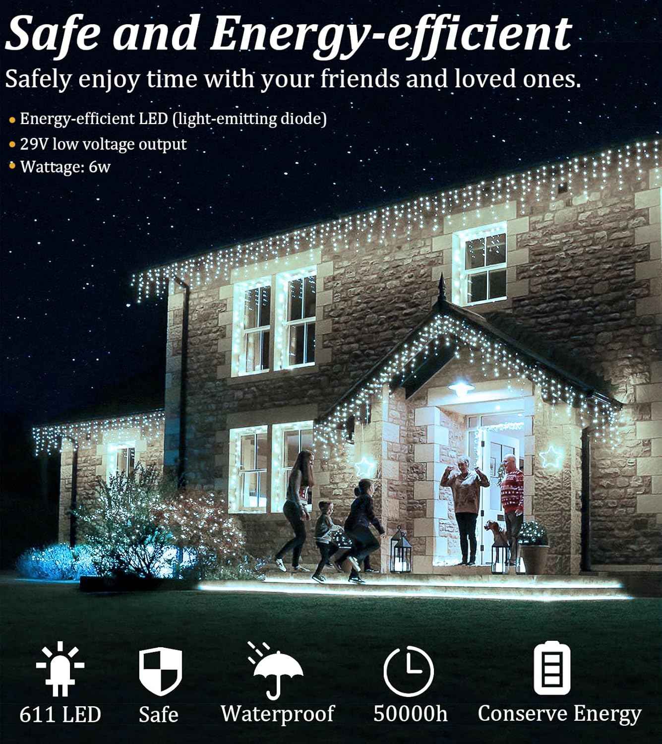 66ft LED Christmas Lights Outdoor Decorations, 8 Lighting Modes with Timer Memory 611 LED Curtain Fairy Light with 141 Drops, Waterproof Light for Christmas Holiday Wedding Party Decor (Cool White)