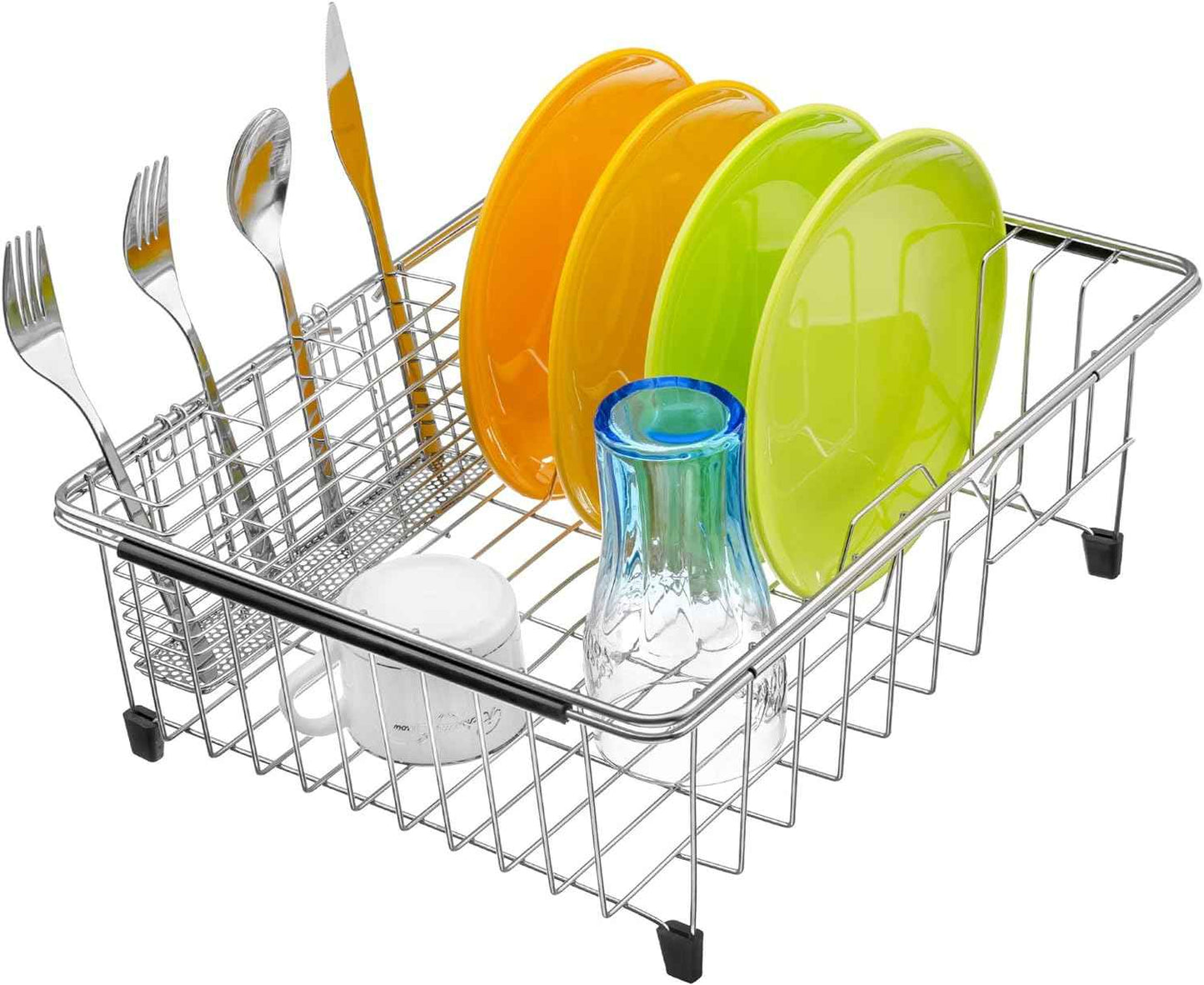 iPEGTOP Expandable Dish Drying Rack Over Sink, Rustproof Stainless Steel Basket Shelf, Multifunctional Dish Drainer Organizer with Utensil Cutlery Holder