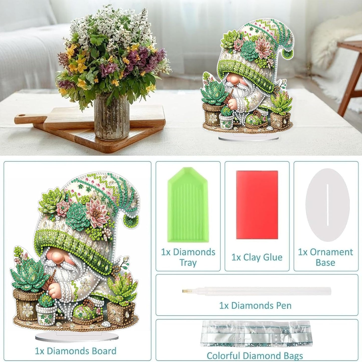 Diamond Painting Kits for Adults Beginners, 5D Full Drill Dwarf Succulents Crystal Art Desktop Ornament, DIY Single Sided Home Office Desk Decor, Creative Craft Gift Set with Tools