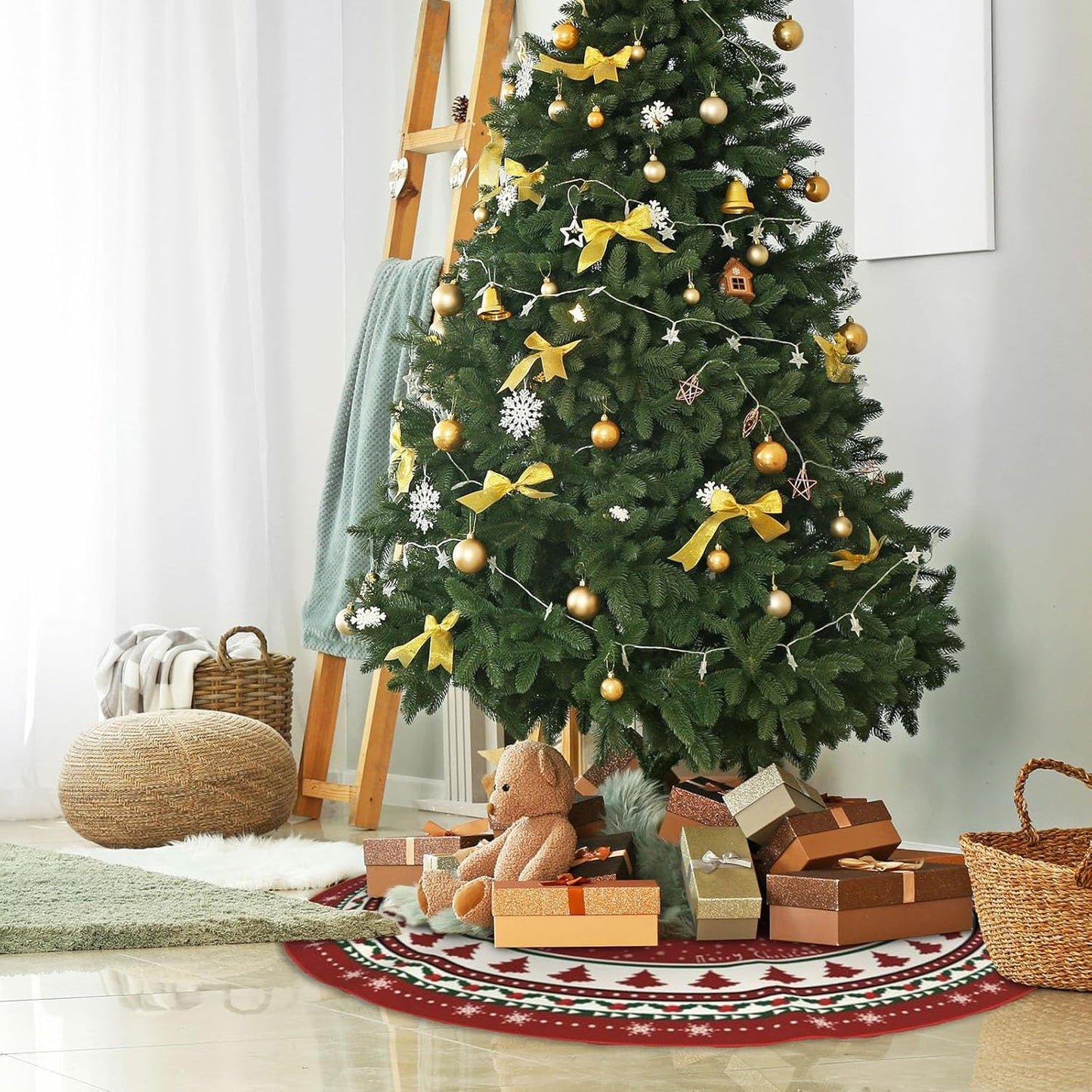 Christmas Tree Skirt 48 Inches, Red and Green Xmas Tree Mat with Winter Snowflake for Christmas Decorations Holiday Party Indoor Outdoor Home Decor (Red and Green)