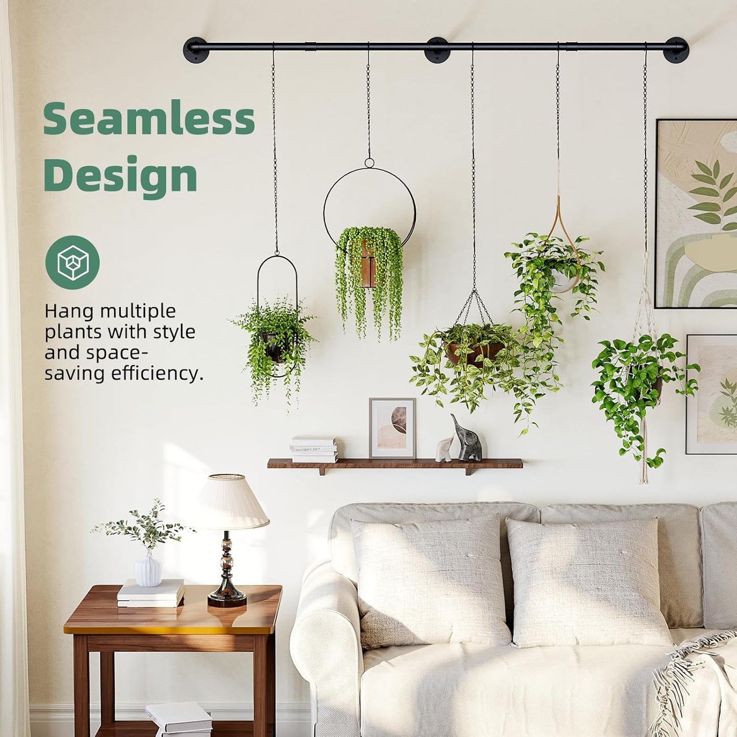 Plant Hanger Indoor with 6 Hanging Chains Hanging Planters for Indoor Plants Hanging Plant Holder Window Plant Rod Black Metal Shelves(70.8 Inch Pot not Included