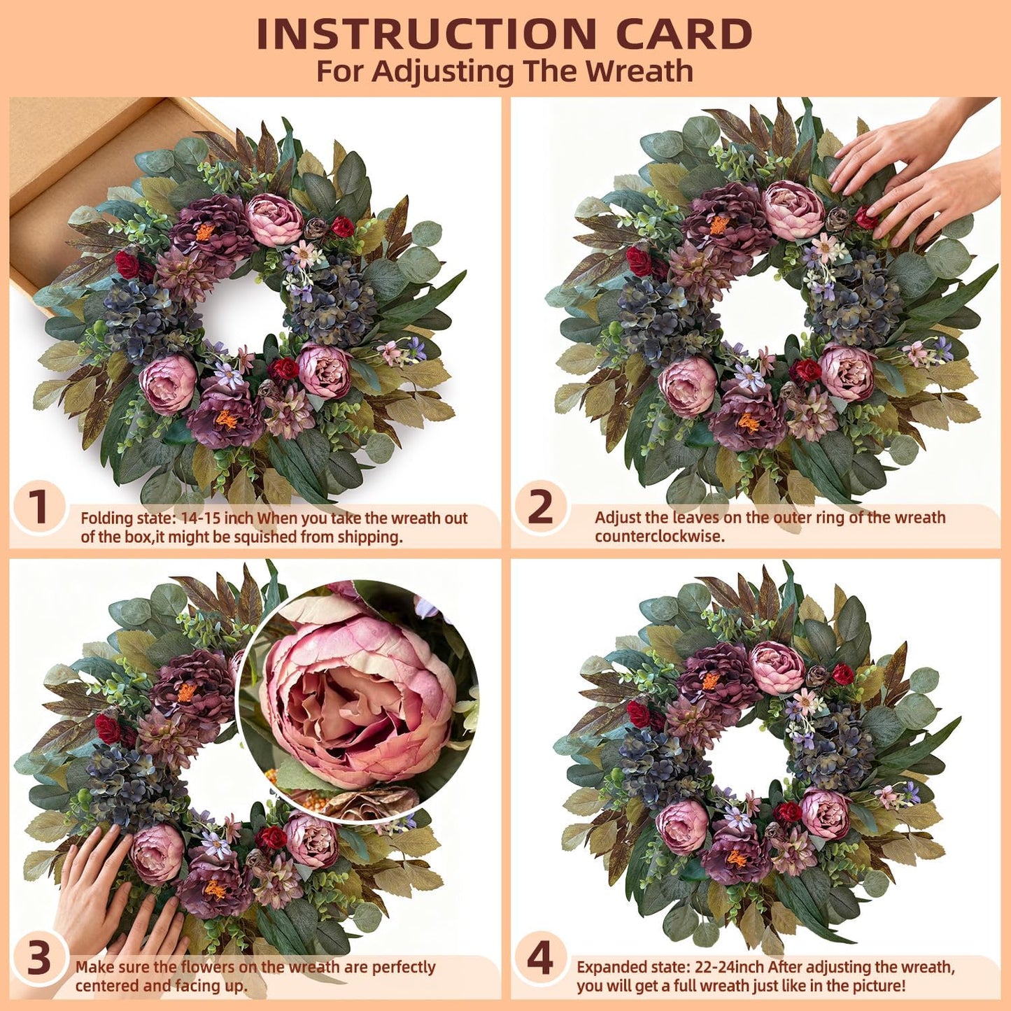 WANNA-CUL 24 Inch Spring Wreaths for Front Door Decor, Spring Front Door Wreath with Pink&Purple Peony Floral and Vintage Blue Hydrangea Flower for Wedding or Indoor&Outdoor Wreath Decoration