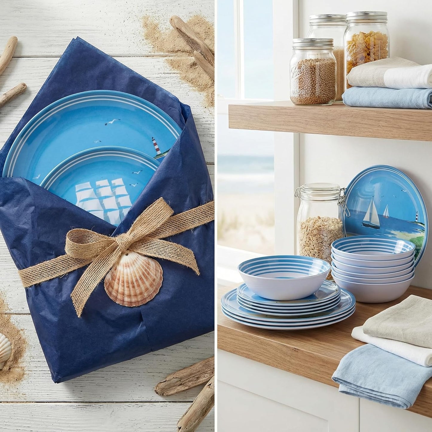 Outdoor Melamine Dinnerware Set 12-Piece, Beach Sailing Pattern Unbreakable Plates & Bowls, Dishwasher Safe Lightweight for Picnic Pool Party Camping（Sailboat）