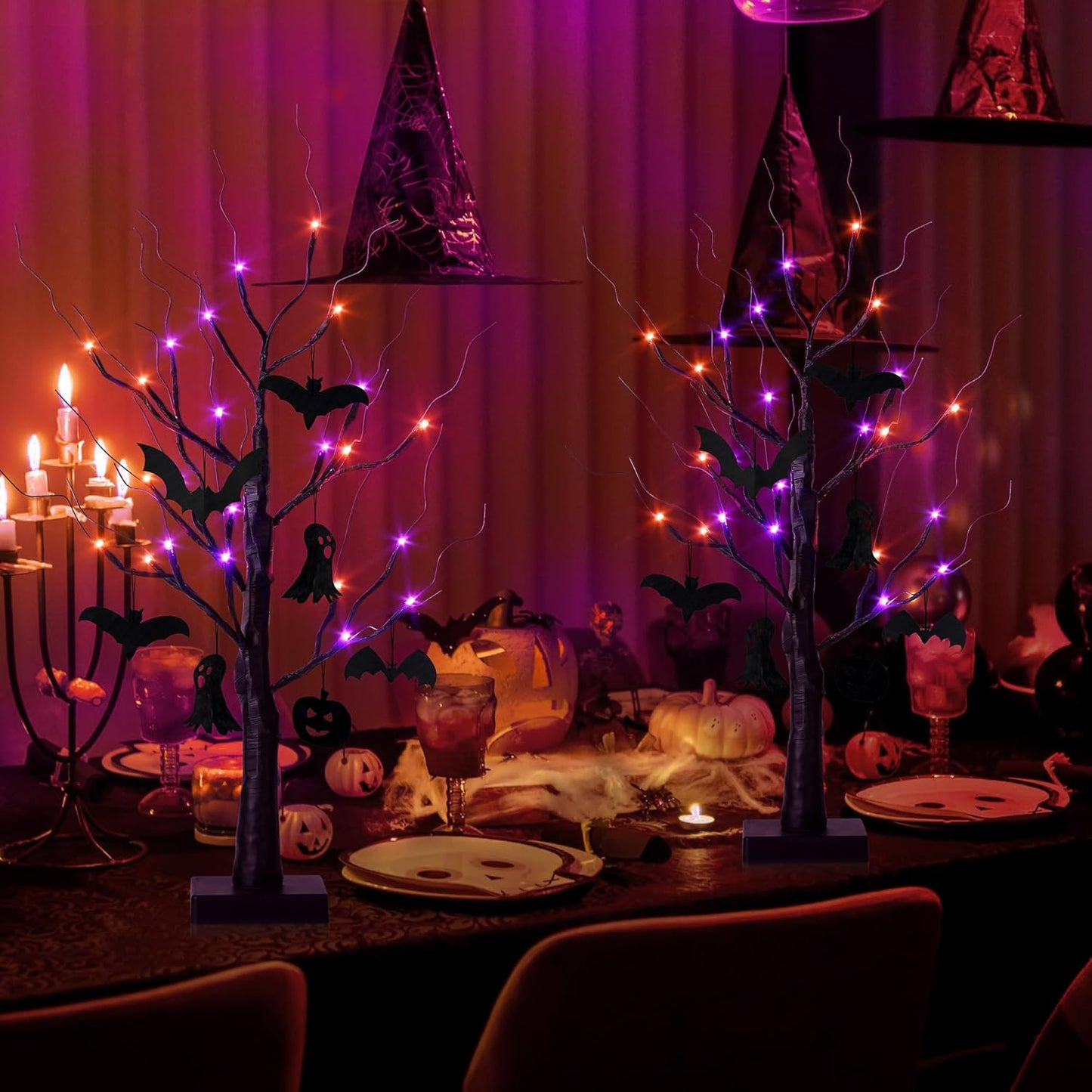 Halloween Decorations Indoor,2 Pack 2FT Birch Tree with 24 Orange and Purple LED Lights,Black Spooky Halloween Tree for Holiday Party,Tabletop Decor for Home,Office,Christmas,Fireplace,Mantle