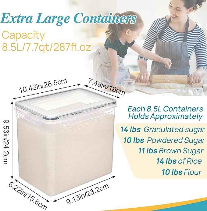 Vtopmart 8.5L 2 Pack Extra Large Flour Sugar Storage Containers for 20lbs flour, Airtight Kitchen Pantry Organization Canisters with Lids for Bulk food, Rice, Baking Supplies, BPA Free, Black