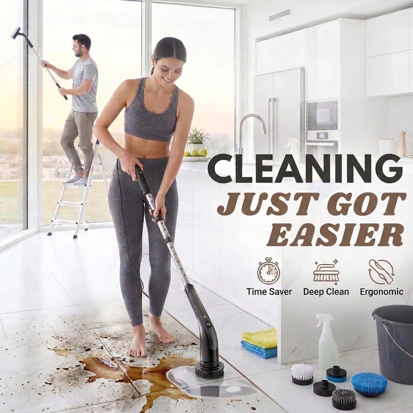 LIVINGPRO Electric Spin Scrubber with LCD Display, Cordless Cleaning Scrubber for Home, Upgraded 70W High-Power Motor, IPX7 Waterproof Dual Speed Power Scrubber, 7 Brush Heads, Extendable Long Handle