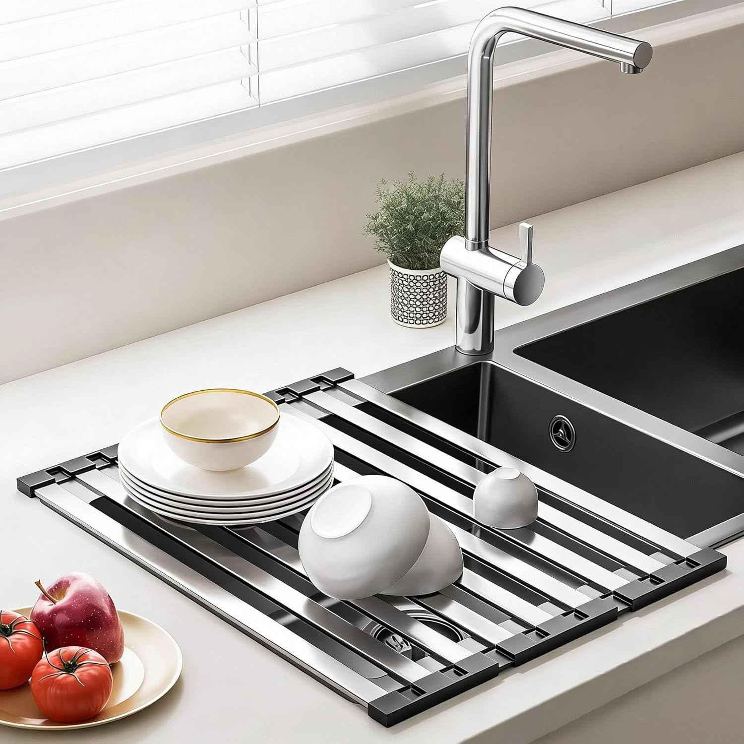 Over The Sink Kitchen Dish Drying Rack Organizer - Stainless Steel Collapsible Non-Slip Space-Saving [19.69 * 12.8IN] - Rust-Resistant Heat-Resistant Sturdy - Easy to Clean