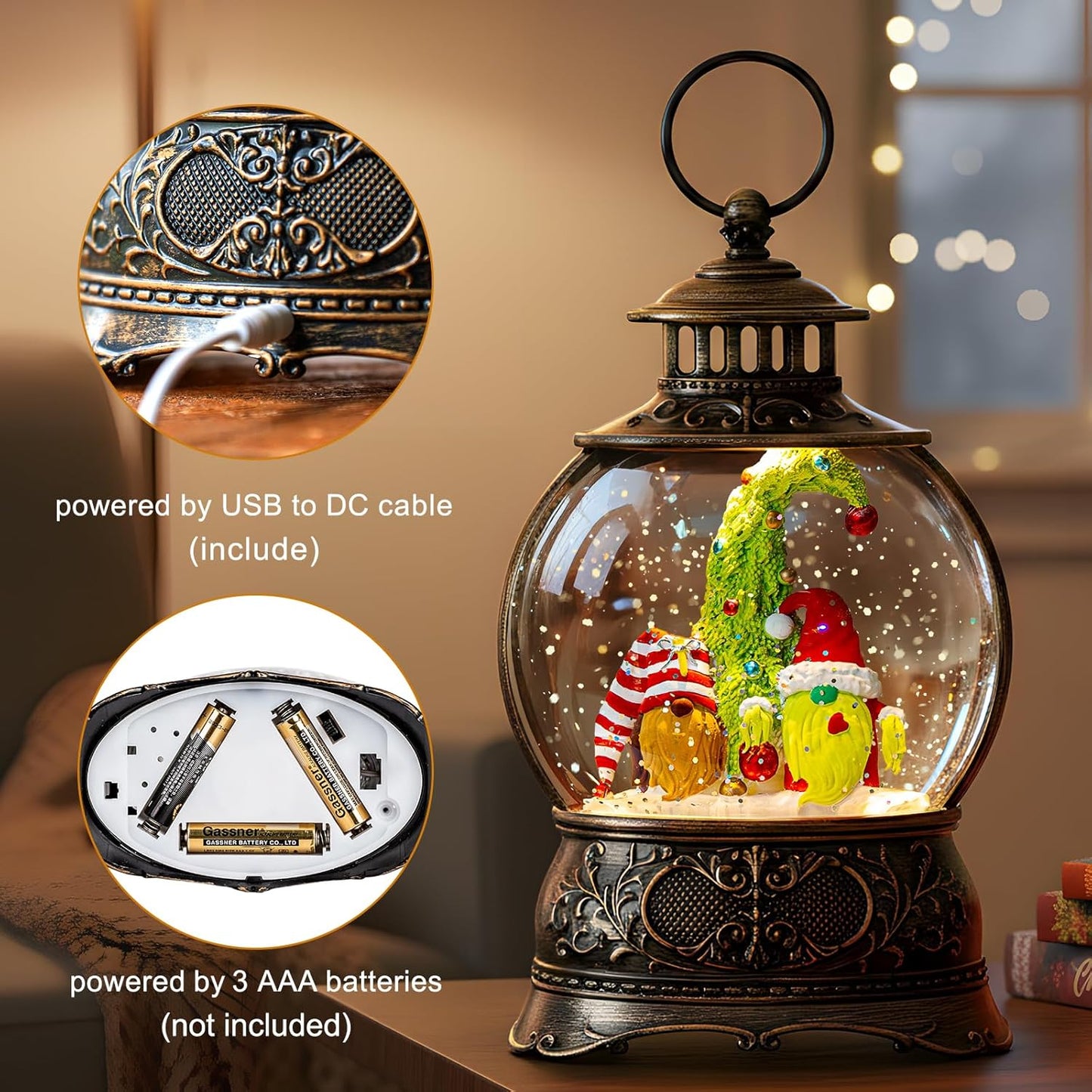 Christmas Snow Globes Christmas Water Lantern with Gnome Wearing Christmas Hats, Music & 6H Timer, USB Lined/Battery Operated Lighted Lanterns for Xmas Festival Decoration Gifts