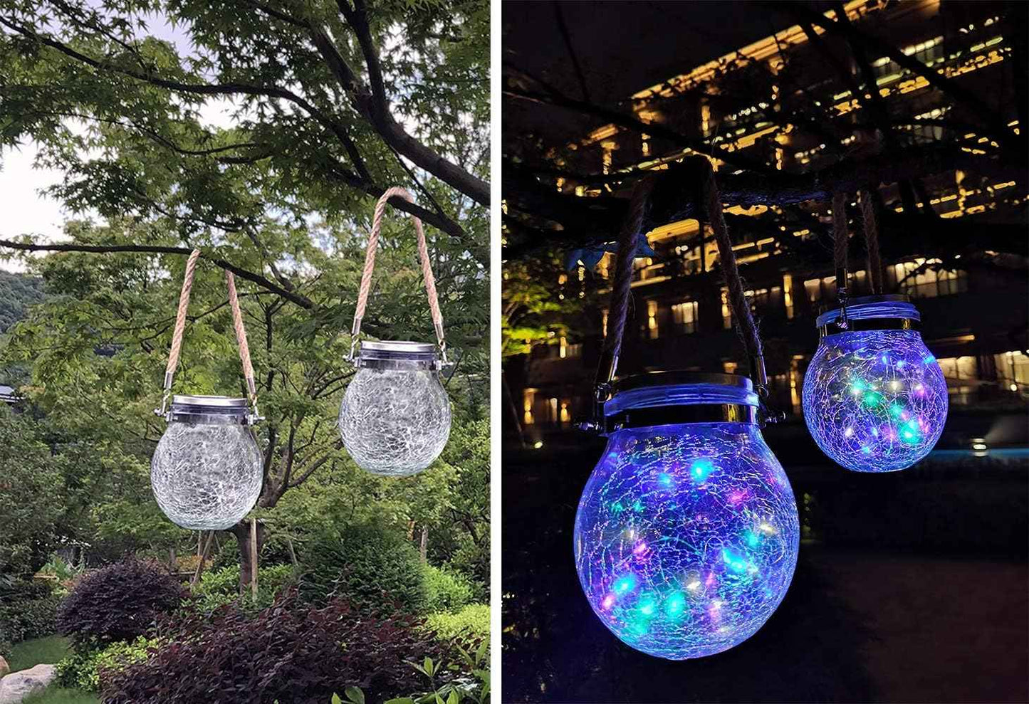 2 Pack Hanging Solar Powered LED Lights,Cracked Glass Ball Light, Waterproof Outdoor Christmas Decorative Lantern for Garden, Yard, Patio, Lawn (Colorful)