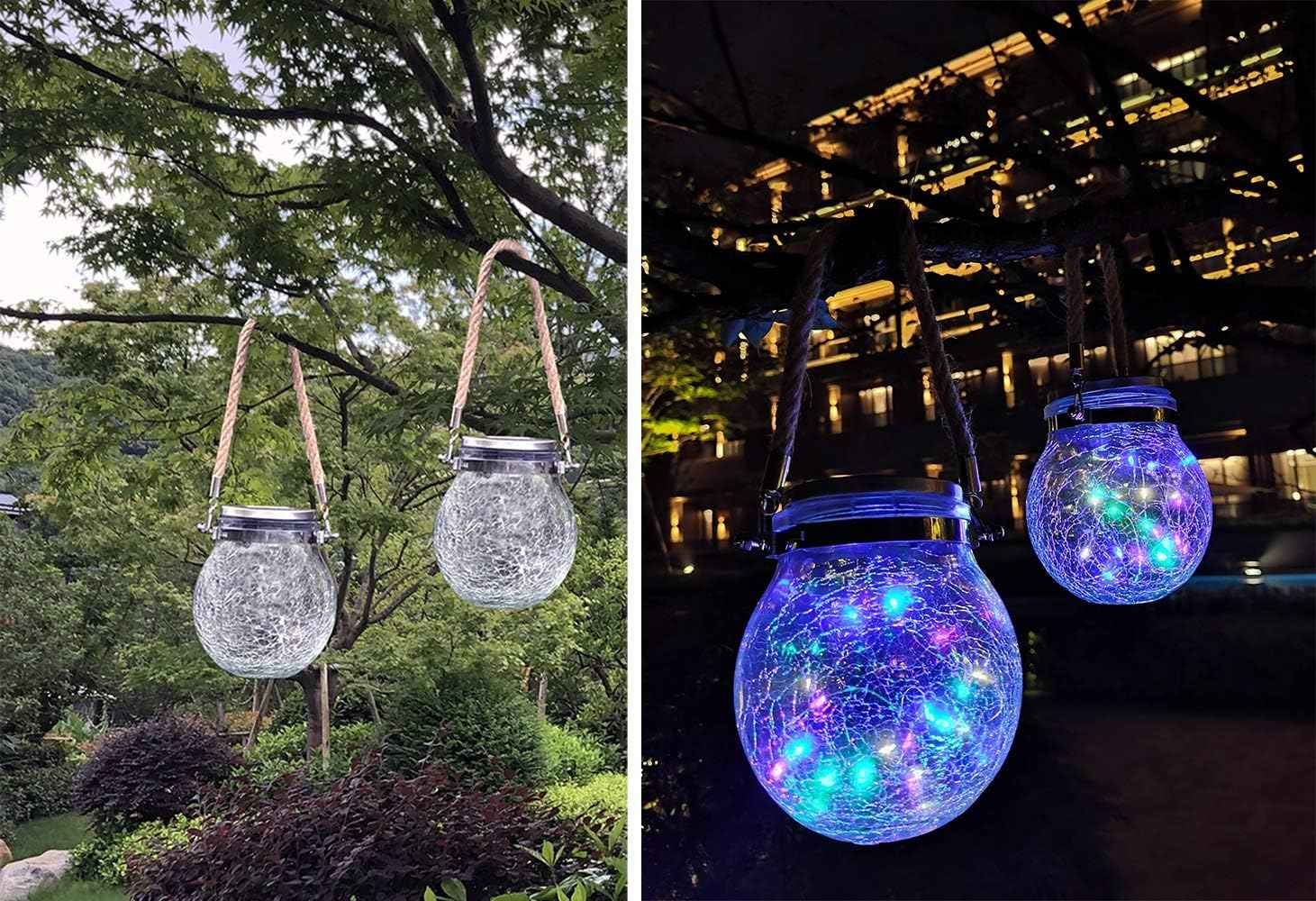 2 Pack Hanging Solar Powered LED Lights,Cracked Glass Ball Light, Waterproof Outdoor Christmas Decorative Lantern for Garden, Yard, Patio, Lawn (Colorful)