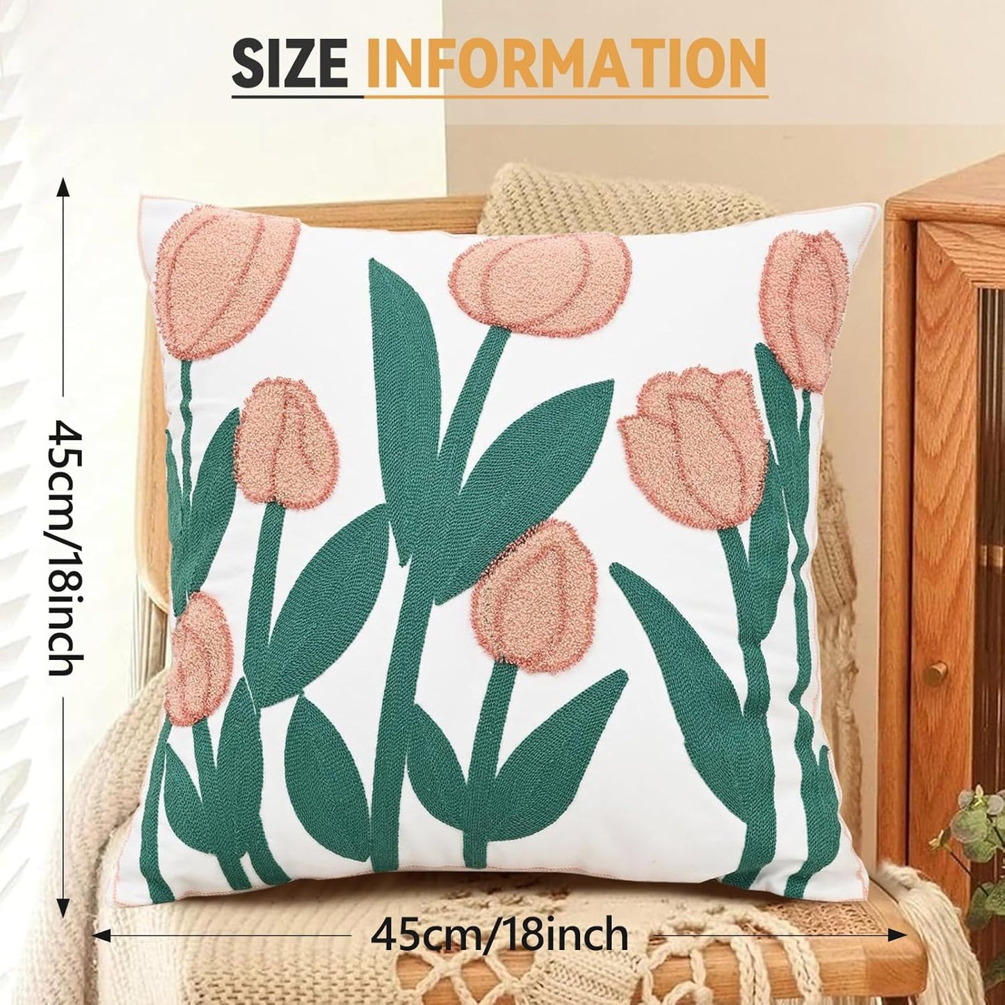 Embroidered Floral Pillow Case Spring Romantic Flower Throw Pillow Cover Soft Decorative Cushion Covers for Bed Sofa Living Room Pink Tulip