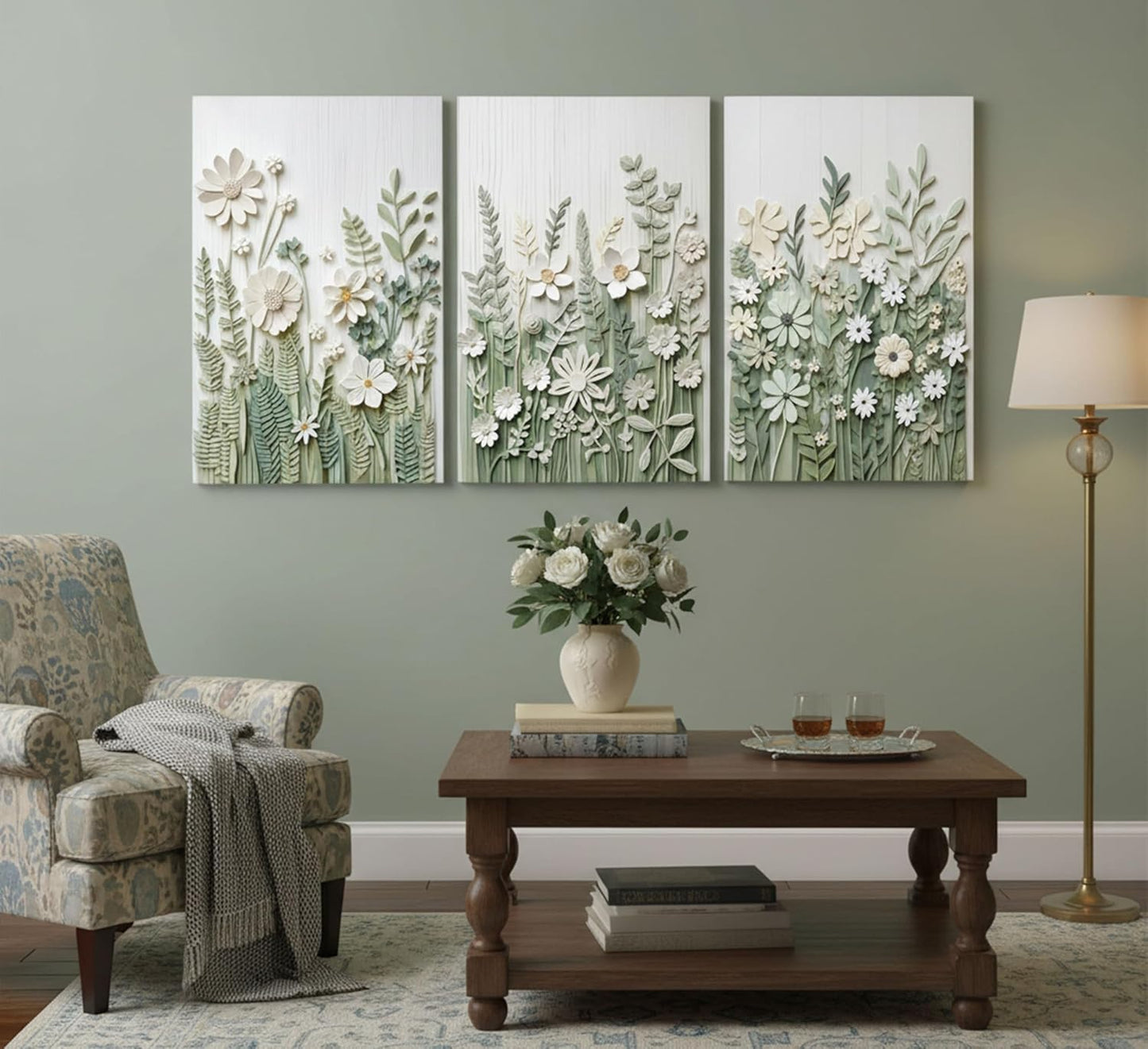 3 Pcs Sage Green Wildflowers Canvas Wall Art Neutral Minimalist Abstract Boho Floral Botanical Painting Pictures Wall Decor Poster Print Artwork for Living Room Bedroom Home Decoration