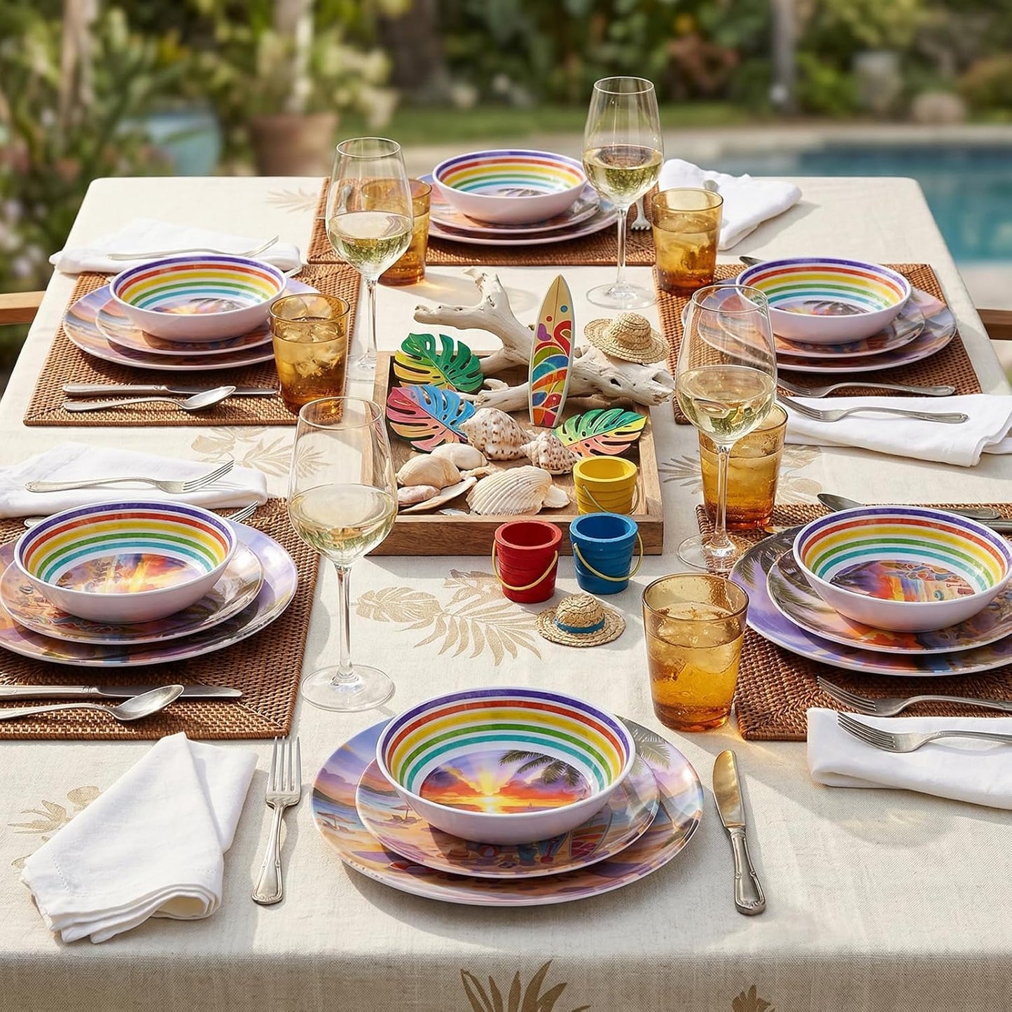 12 Piece Melamine Plates and Bowls Set - Beach Sunset Melamine Dinnerware Set for 4，Unbreakable Dishes Set，Stackable Lightweight Plates & Bowls for Indoor & Outdoor Use，Tropical Sunset