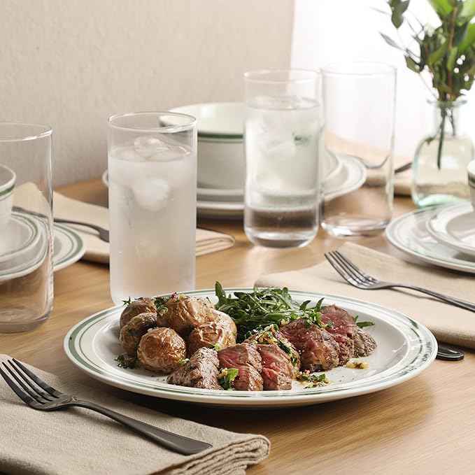 Gibson Home Hometown Diner 12-Piece Porcelain Dinnerware Set, Round Plates and Bowls Set for 4, White with Green Rim, Dishwasher Safe – Dinner Plate, Salad Plate & Cereal Bowl