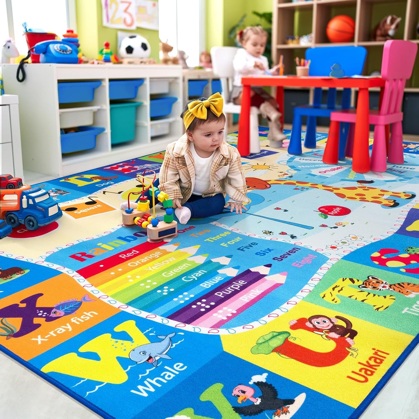 Kids Rugs for Playroom Washable, Educational and Fun Learning Rugs with ABC Alphabet Animals Shapes, Baby Toddler Children's Play Mat for Bedroom Classroom Nursery, 3x5 Feet, Blue