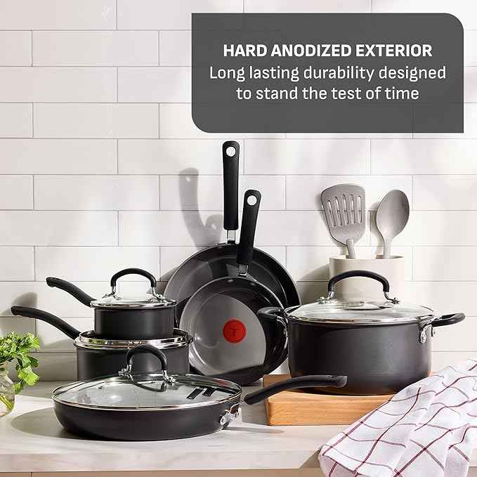 T-Fal Ultimate Hard Anodized 12-Piece Ceramic Nonstick Cookware Set, Oven Safe Up to 400°F, Ceramic Pots and Pans Set, Frying Pans, Saucepan, Stockpot, Cooking Utensils, Stone