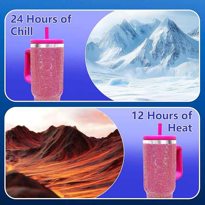 40-OZ Insulated Water Bottle,Insulated Stainless Steel Tumbler,Reusable Cold Drink Thermos,BPA-Free, Double-Wall Stainless Steel Water Bottle (Rose Red-Diamond, 40, Fluid Ounces)