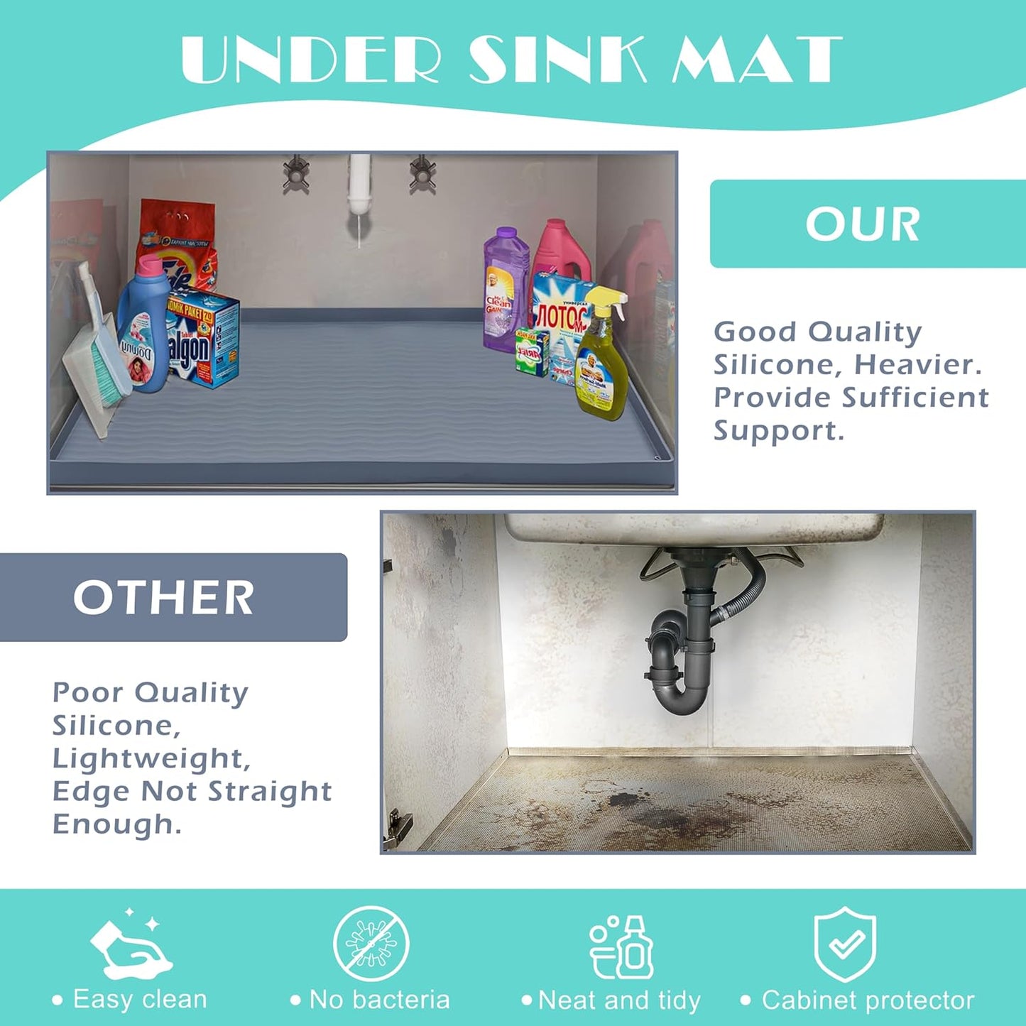 URMONA Waterproof Silicone Under Sink Mat 28'' x 19'' Shelf Liner for Kitchen and Bathroom, Cabinet and Counter Protector, Storage and Organizers, Litter Mat, Pet Cat Puppy Essentials(Dark Grey)