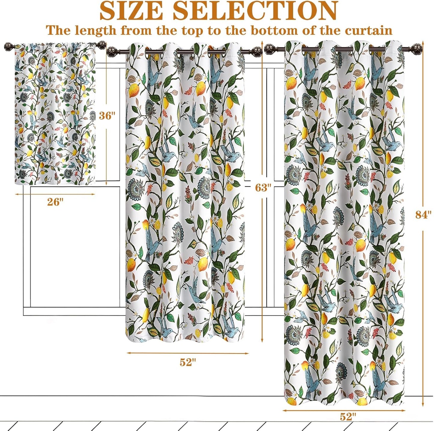 FRAMICS White Blackout Kitchen Curtains 36 Inch Length Birds Floral Bathroom Curtains Rod Pocket Lemon Short Curtain for Windows Cafe Basement Living Room Cabinet, 2 Panels