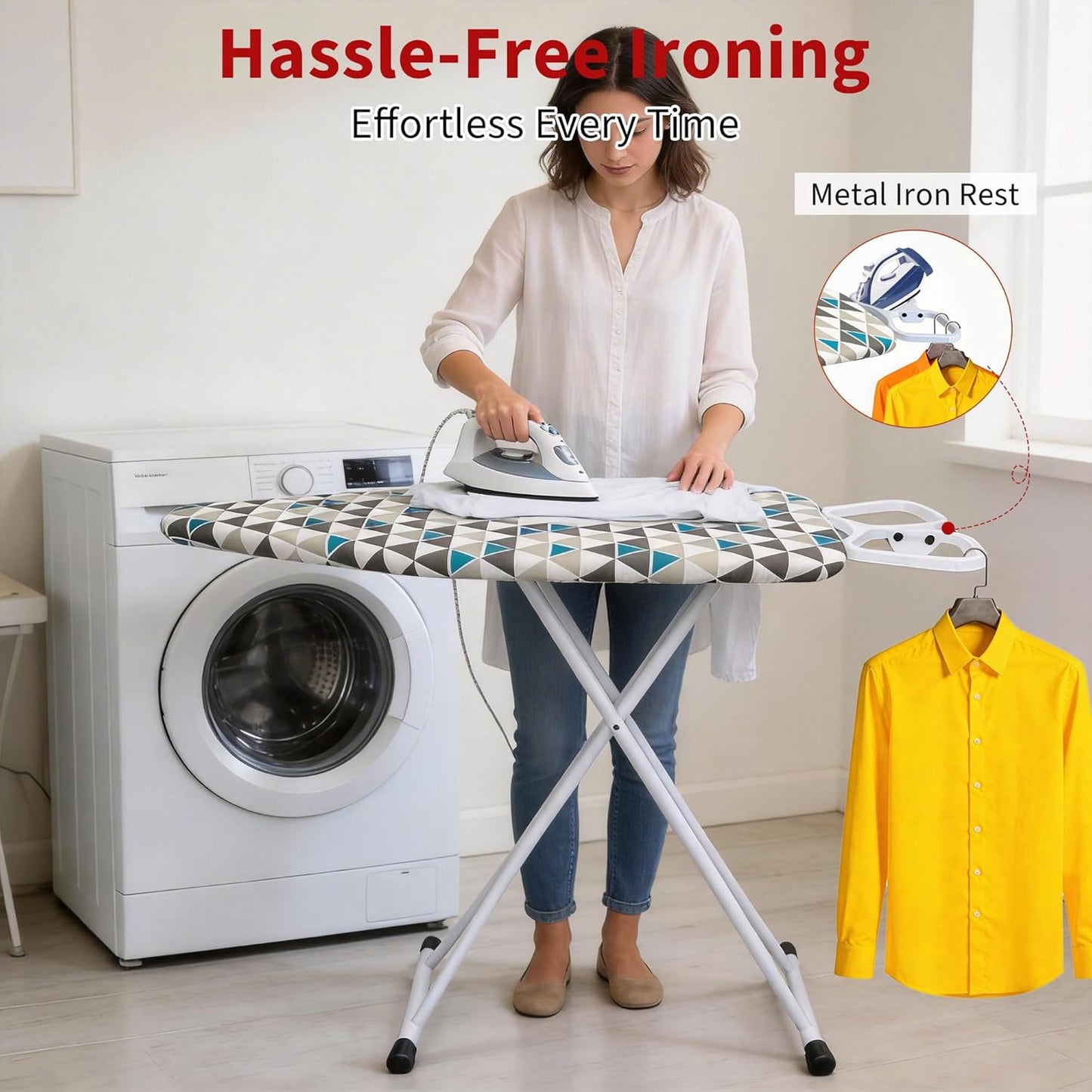 Extra Size Ironing Board with Built-in Hook, Iron Rest, 7 Adjustable Heights, 48" ×18" Large Size Iron Board with 4-Layer Heat Resistant Cover and Pad for Home Apartment Laundry, Gray