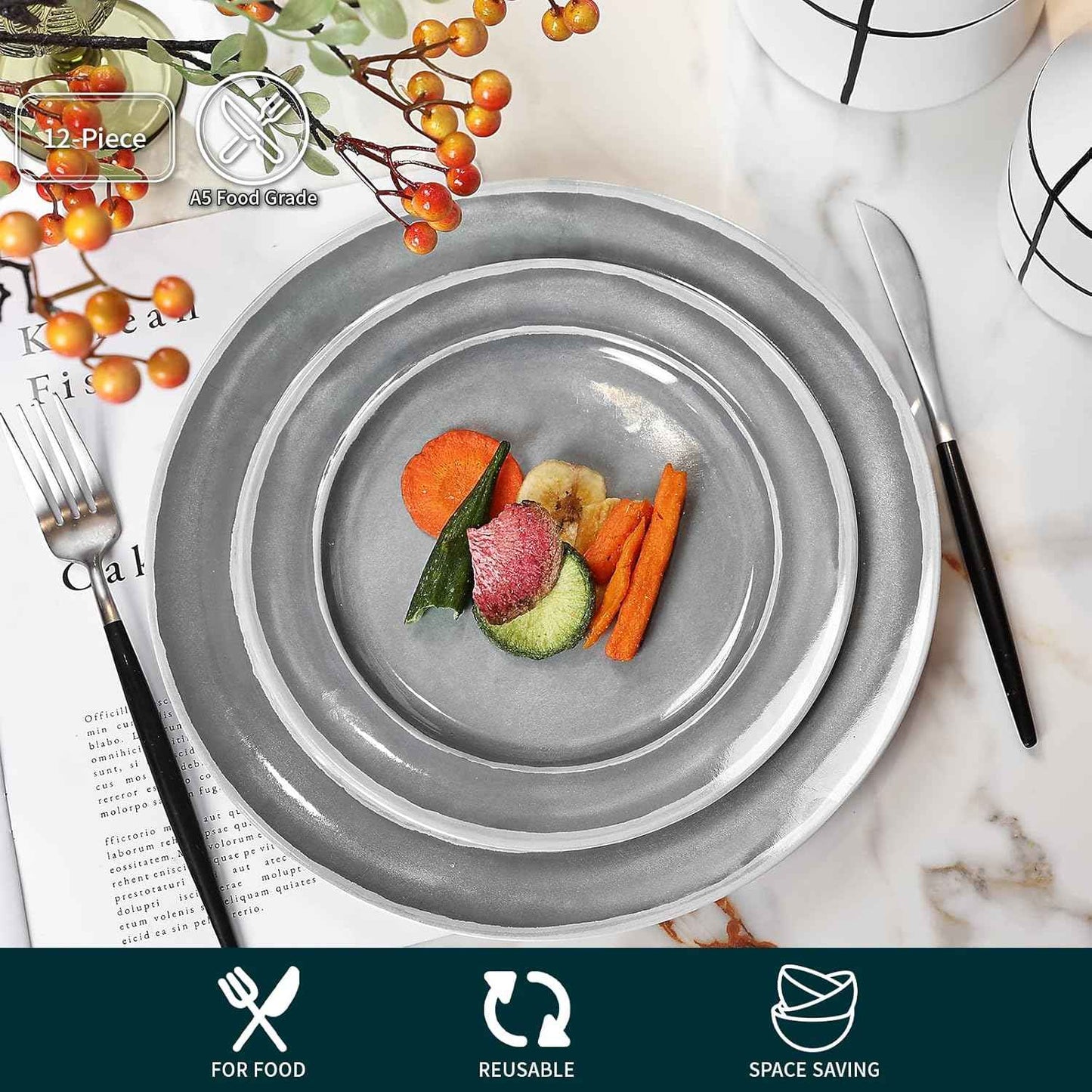 Melamine Dinnerware Set - 12pcs Dishes Dinnerware Set for 4, Indoor and Outdoor use, Dishwasher Safe, Break-resistant, Lightweight, Gray