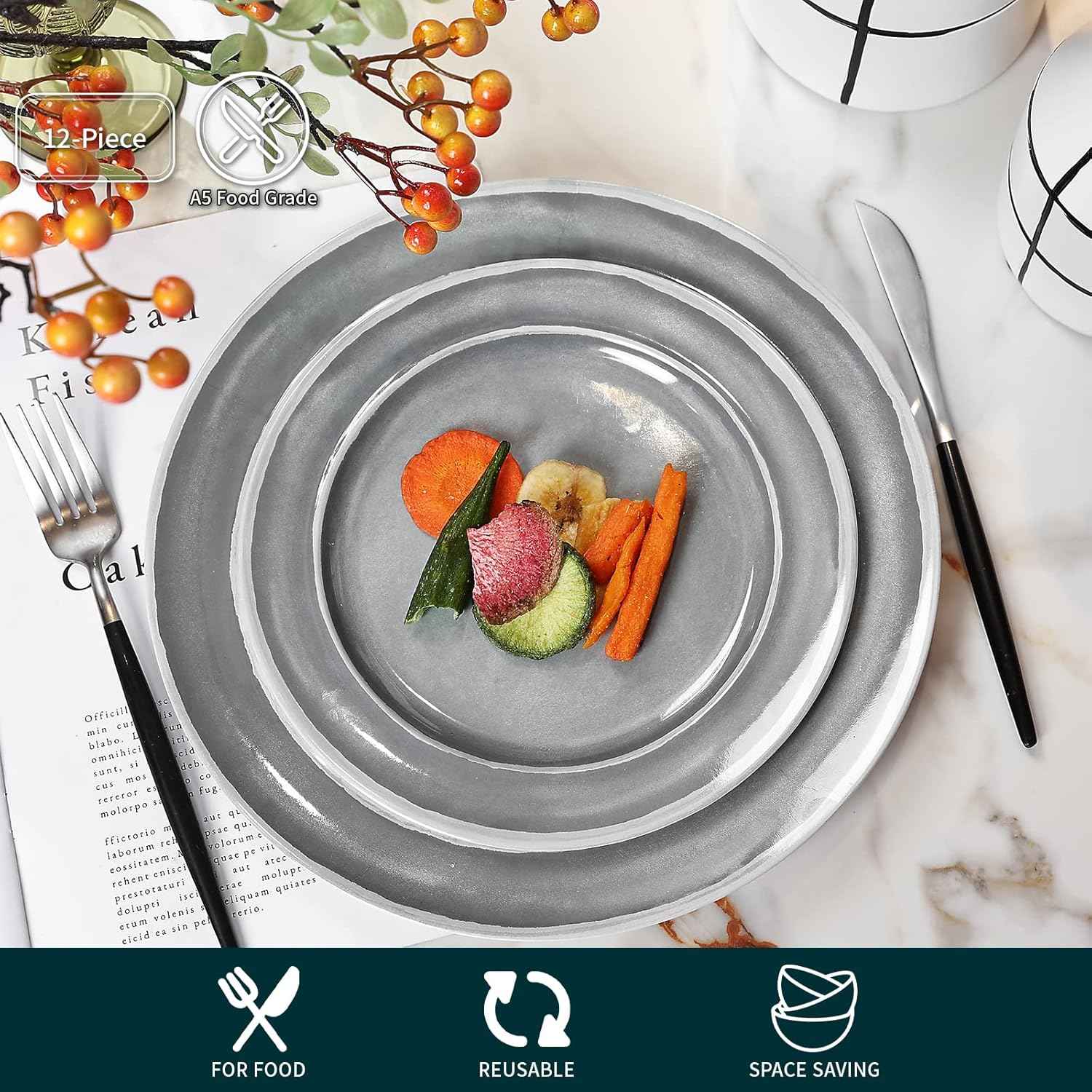 Melamine Dinnerware Set - 12pcs Dishes Dinnerware Set for 4, Indoor and Outdoor use, Dishwasher Safe, Break-resistant, Lightweight, Gray