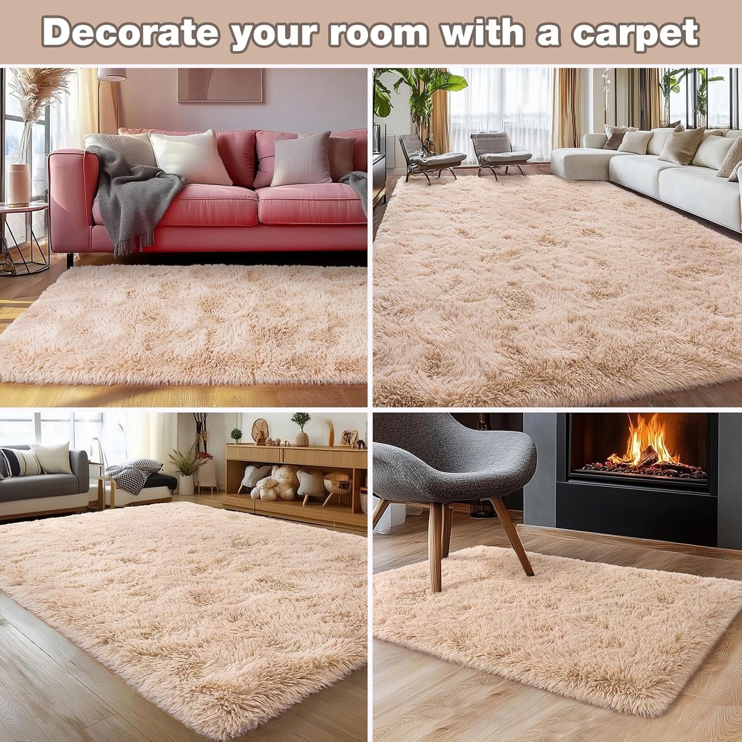 Rezutan 9x12 Feet Large Fluffy Area Rug for Bedroom Living Room, Camel Modern Indoor Carpets Room Colorful, Plush Indoor Nursery Classroom Home Decor Bedside Rug with Non-Slip Bottom