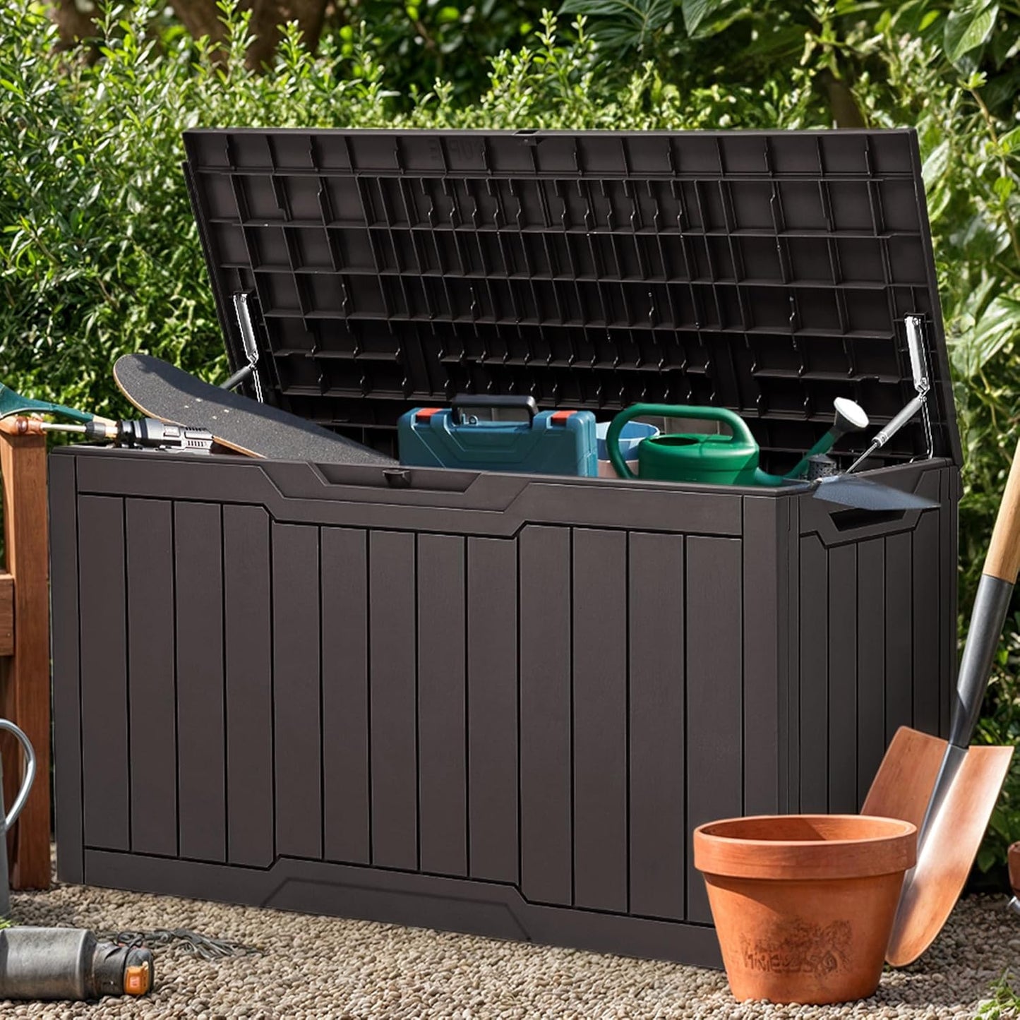 YITAHOME 100 Gallon Outdoor Storage Box, Large Water Resistant Resin Deck Box, Indoor Outdoor Lockable Storage Container for Patio, Garden, Cushions, Tools, Equipment (Dark Brown)