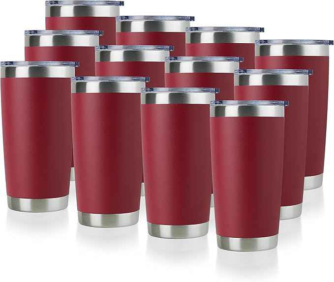 DOMICARE 20oz Stainless Steel Tumbler Bulk with Lid, Double Wall Vacuum Insulated Travel Mug, Powder Coated Coffee Cup, Powder Red, 12 Pack