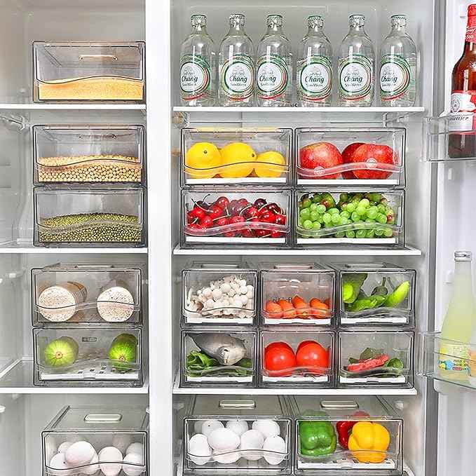 bealy 2 Pack Fruit Storage Containers for Fridge with Strainer, BPA-Free Fridge Organizers and Storage, Stackable Clear Pull Out Refrigerator Organizers Drawer for Fruit,Vegetable,Produce,Berry,Food