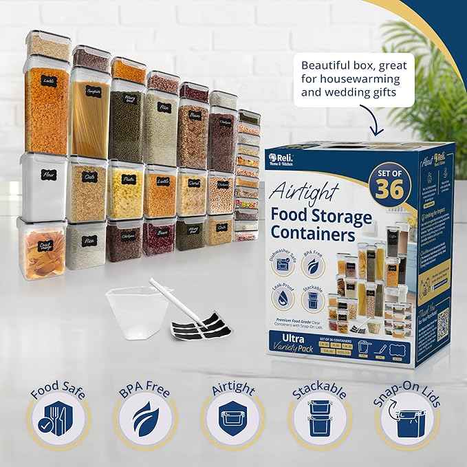 Reli. Airtight Food Storage Containers with Lids (36 Sets) | Kitchen Organizers and Storage Pantry Organizers | BPA Free Plastic Food Containers | Ultra Variety Pack w/Measuring Cup, 42 Labels, Pen
