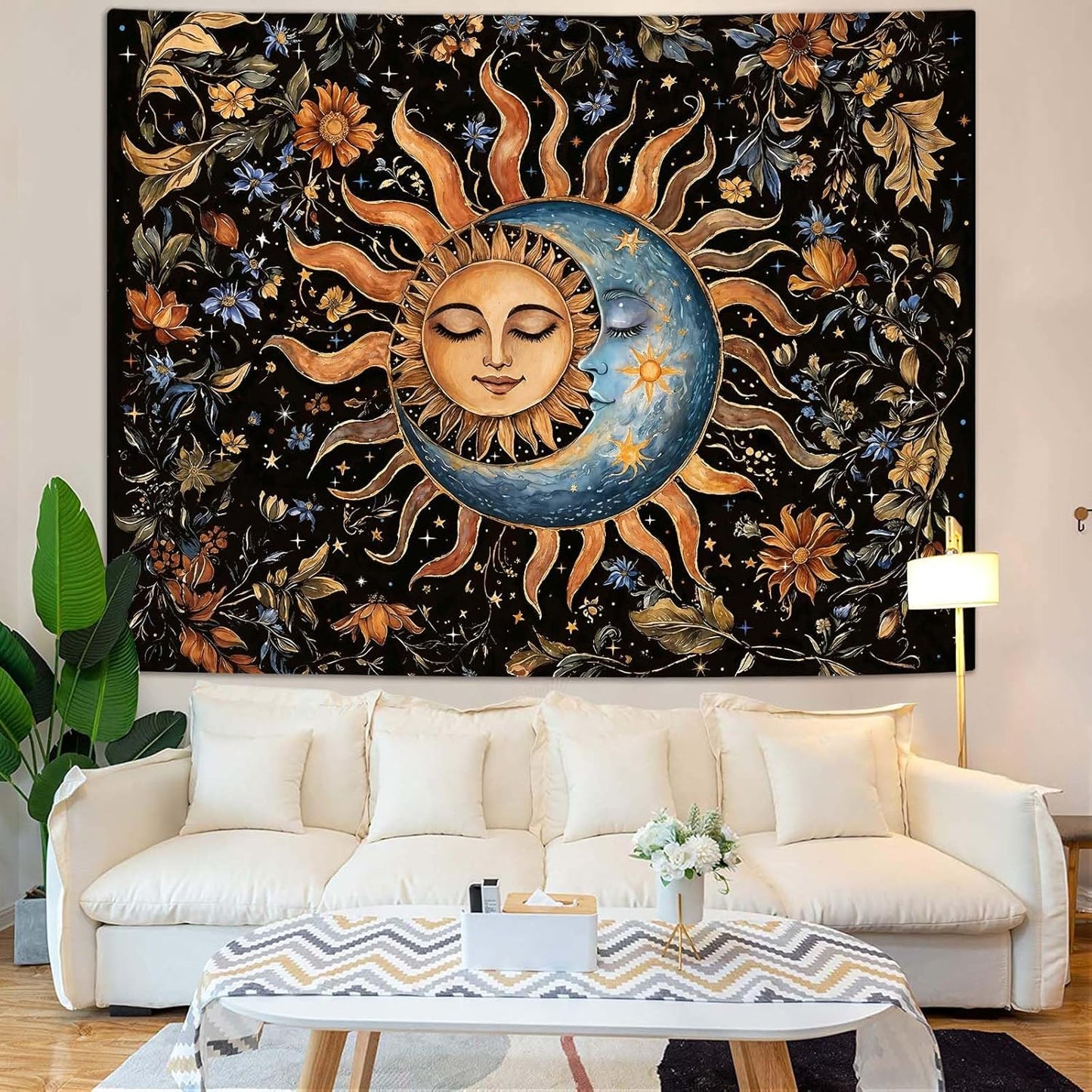Aipon Sun and Moon Tapestry for Bedroom Boho Vintage Floral Hippie Wall Tapestry Aesthetic Retro Flower Plant Large Tapestries Wall Hanging for Living Room Dorm Decor 80 x 60 Inch