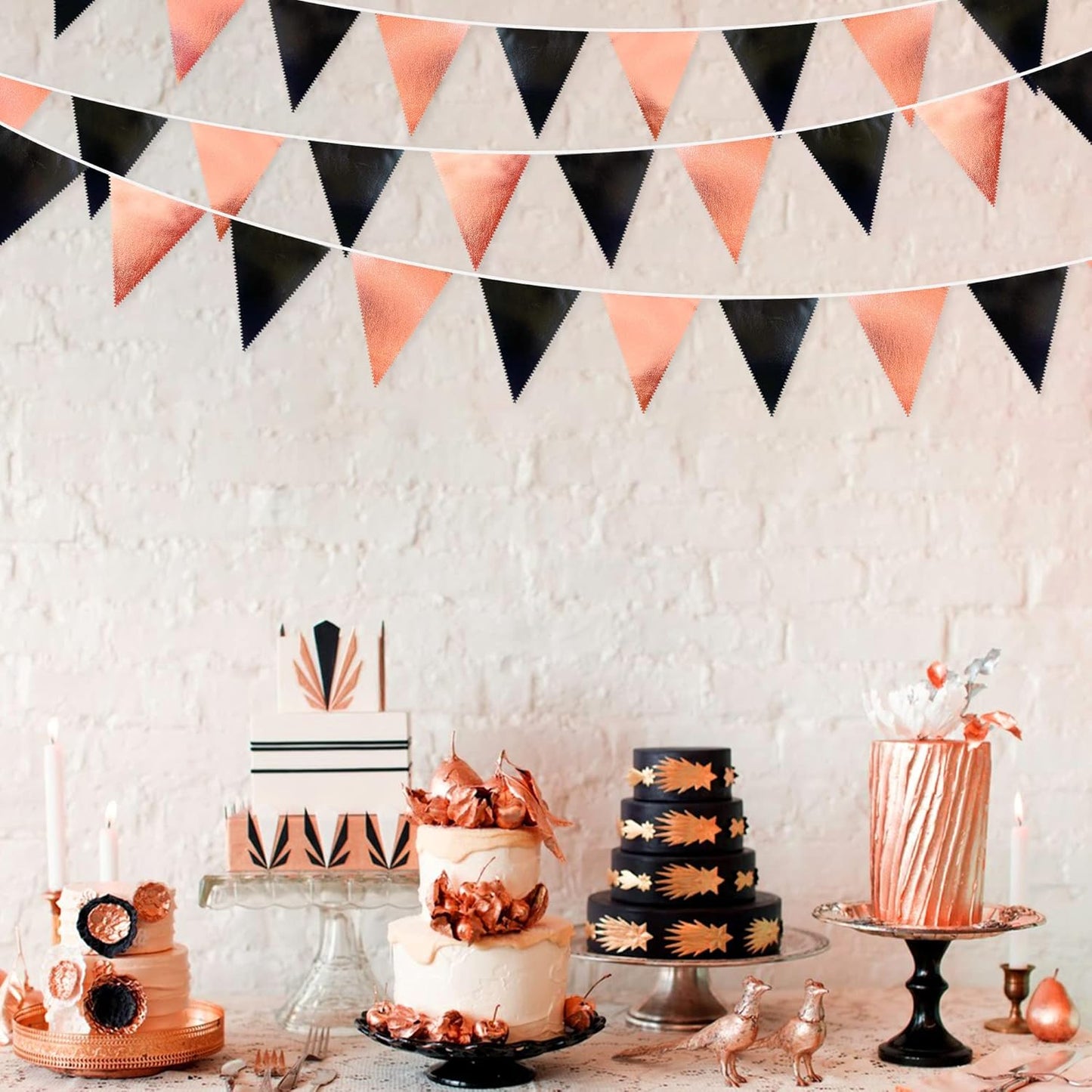 Black Rose Gold Party Decorations Triangle Pennant Banner Flag Rose Gold Black Metallic Fabric Bunting Garland for Graduation Birthday Wedding Engagement Bachelorette Celebration Hen Party Supplies