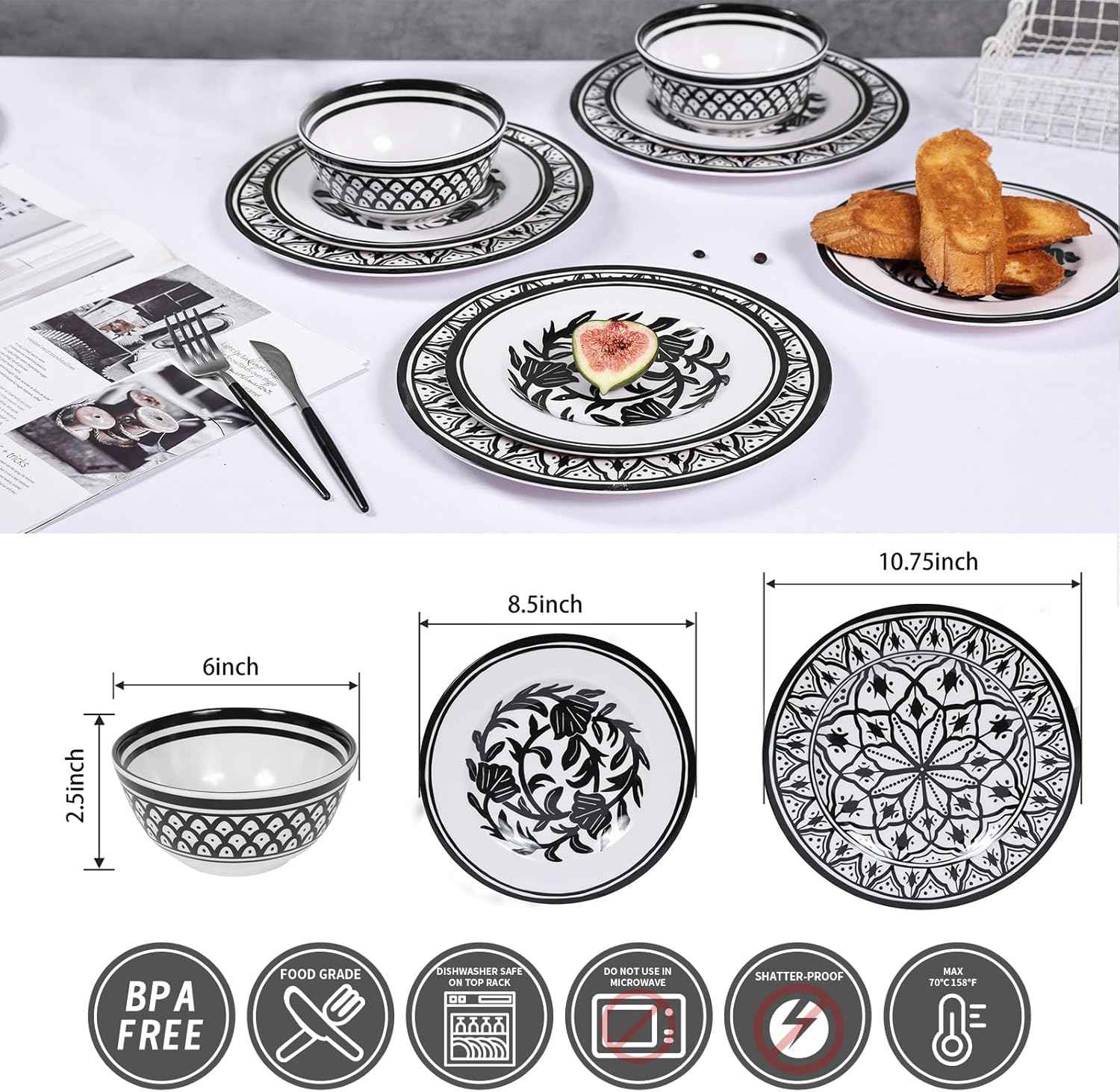 Melamine Dinnerware Sets-12pcs Melamine Plates and Bowls Set, Unbreakable, Dishwasher Safe, Indoor Outdoor Use, Ideals for Parties, Camping Dish Set, Black and White Pattern