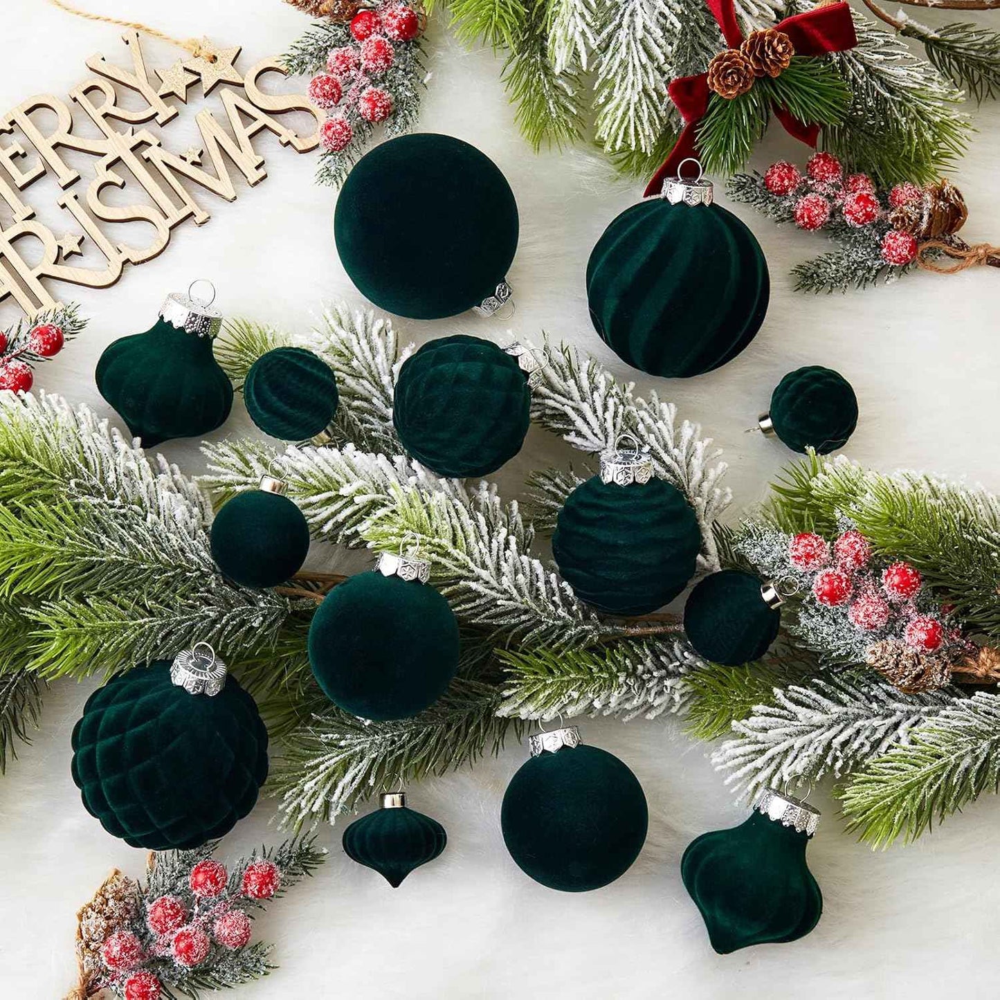 Wironlst Velvet Ornaments for Christmas Tree, 4 Style Flocked Matte Velvet Christmas Ball Ornaments, Shatterproof Decor for Xmas Tree Wedding Holiday Party Home(2.36" 25pcs Green)
