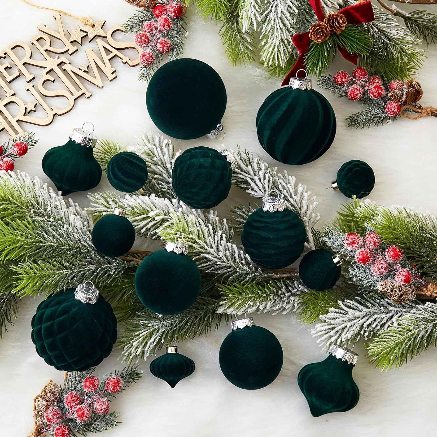 Wironlst Velvet Ornaments for Christmas Tree, 4 Style Flocked Matte Velvet Christmas Ball Ornaments, Shatterproof Decor for Xmas Tree Wedding Holiday Party Home(2.36" 25pcs Green)