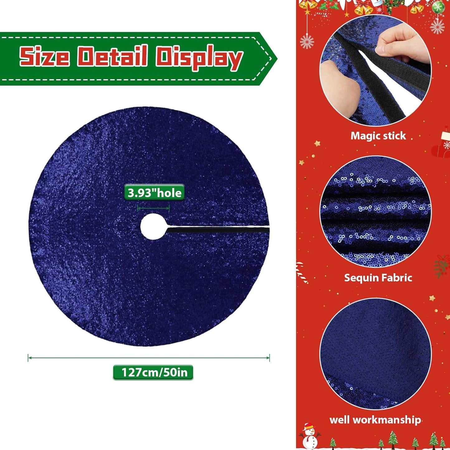 Eternal Beauty Christmas Tree Skirt, 50 Inch Navy Blue Sequin Tree Skirt Small Xmas Tree Skirt for Christmas Tree Decorations
