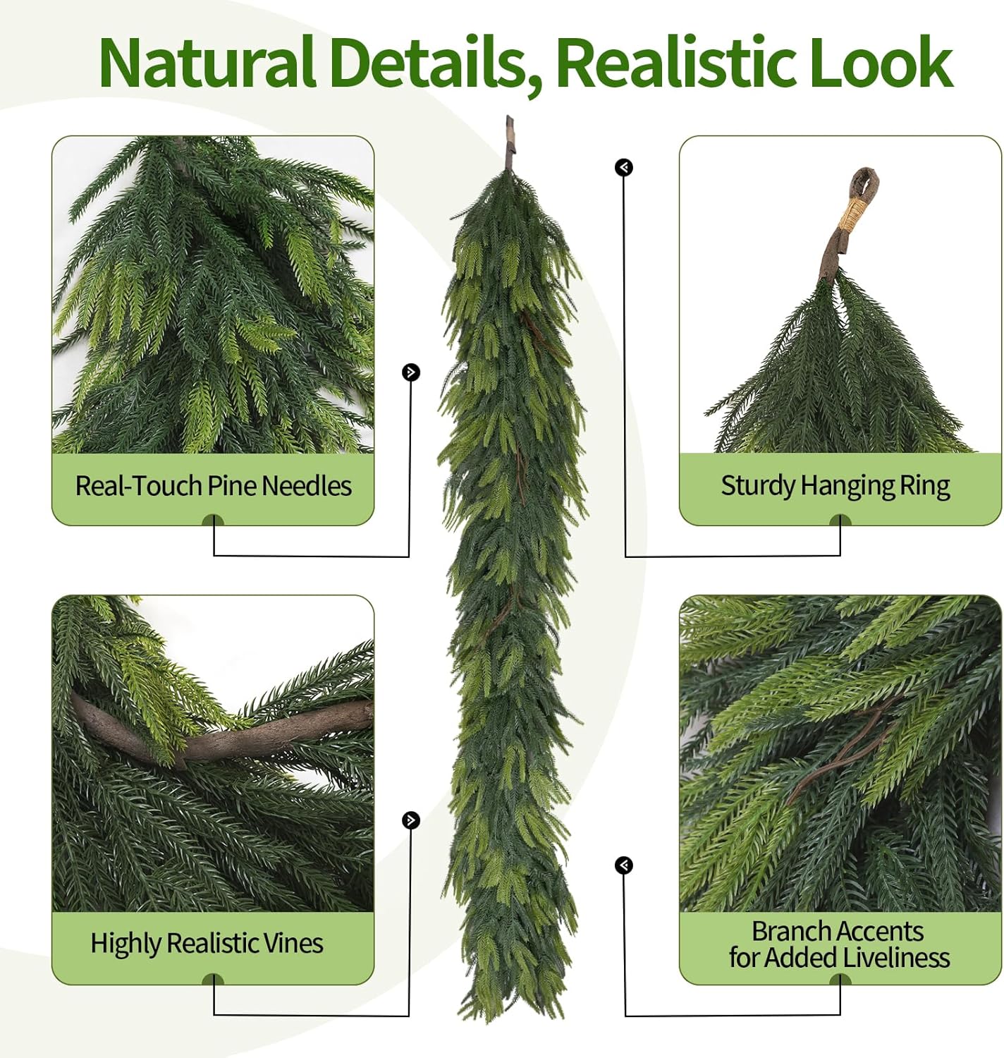 6FT Artificial Norfolk Pine Garland 2 Pack – Dense Green Christmas Garland, Real Touch Holiday Greenery for Front Door, Fireplace Mantel, Staircase, Indoor Outdoor Home Decoration