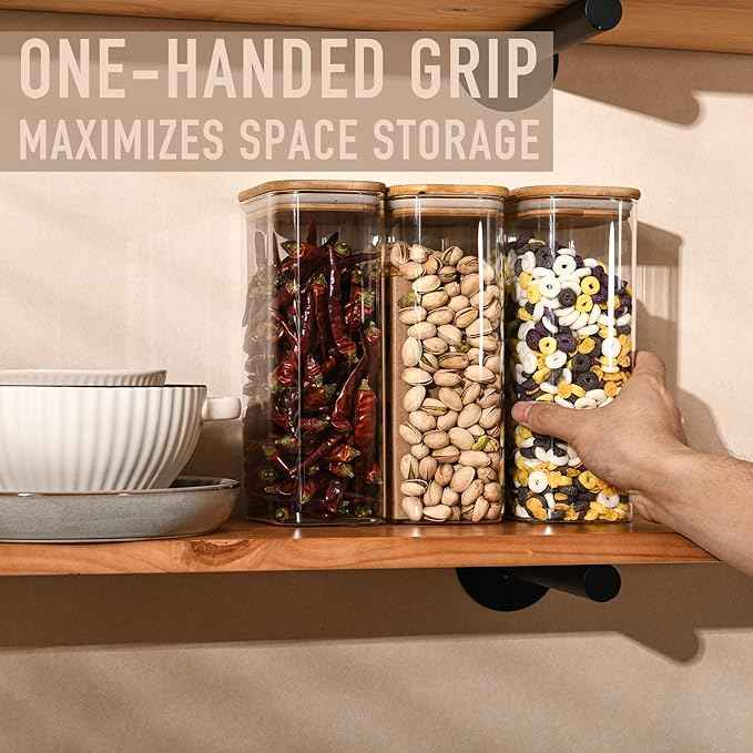 D2scrma 56oz Rectangle Airtight Glass Storage Containers with Bamboo Lids (Set of 3), Square Food Storage Jar, Pantry Organizers for Oats, Cereal, Pasta and Coffee beans (‎with Black Lable)