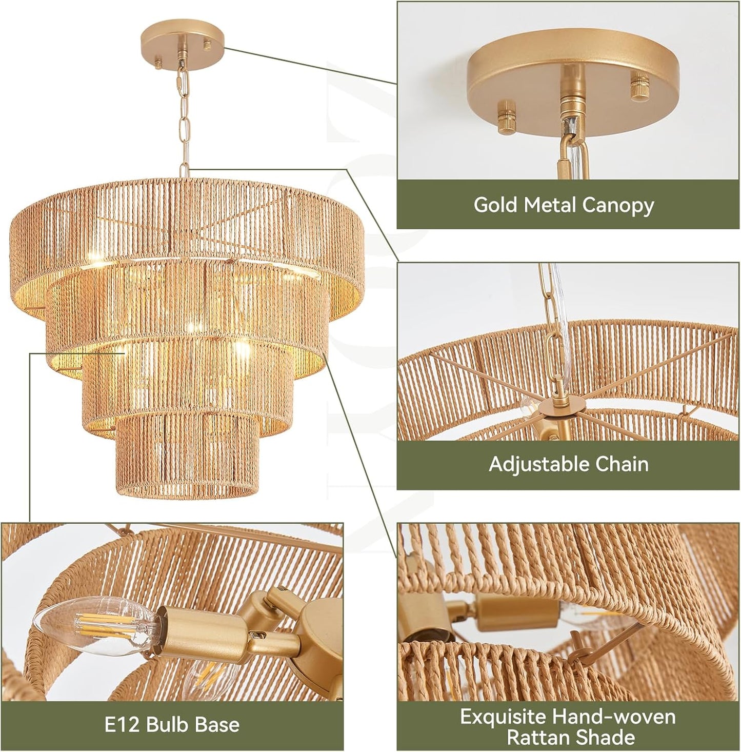19.7” Boho Rattan Chandelier 6-Lights Hand-Woven Rattan Dining Room Light Fixture Vintage Farmhouse Chandelier Wicker Rustic Hanging Ceiling Pendant Light for Kitchen Island, Bedroom